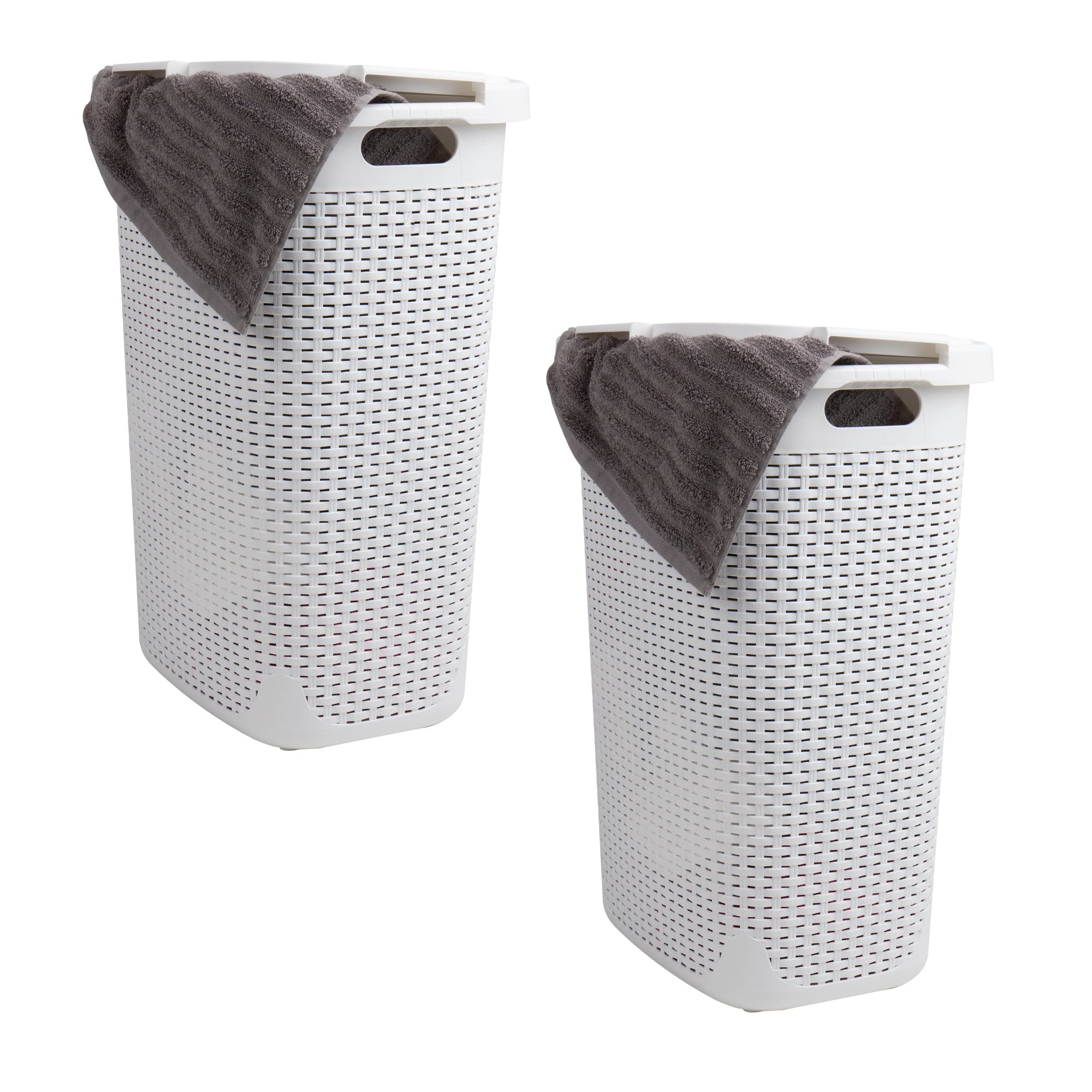 Mind Reader Slim Laundry Hamper with lid opens to reveal wicker airflow in a narrow space.