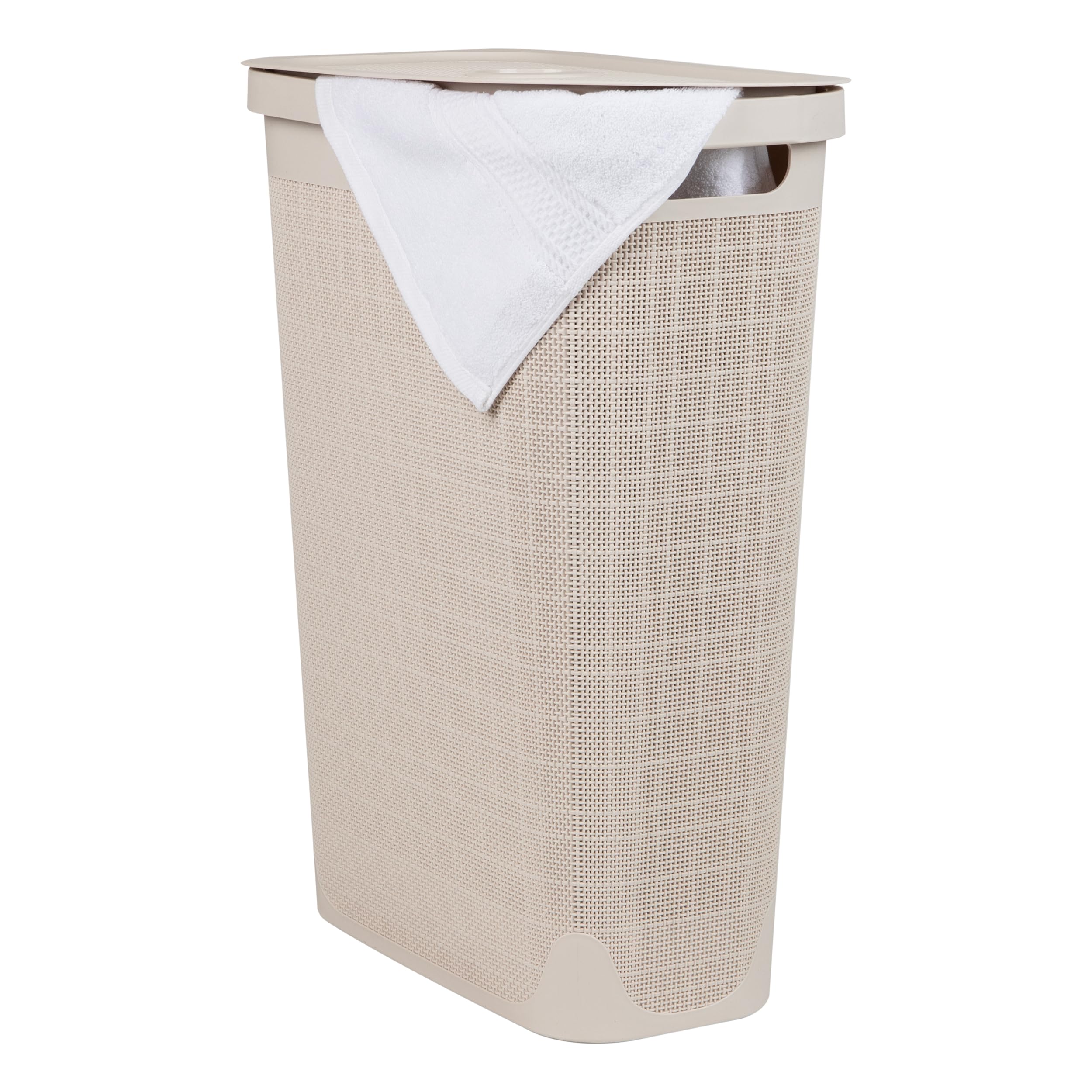 Mind Reader slim laundry hamper with lid demonstrates a space-saving lid design for tight bathrooms.