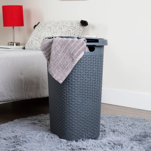 Mind Reader slim hamper shows tall, narrow design ideal for bathrooms and closets.