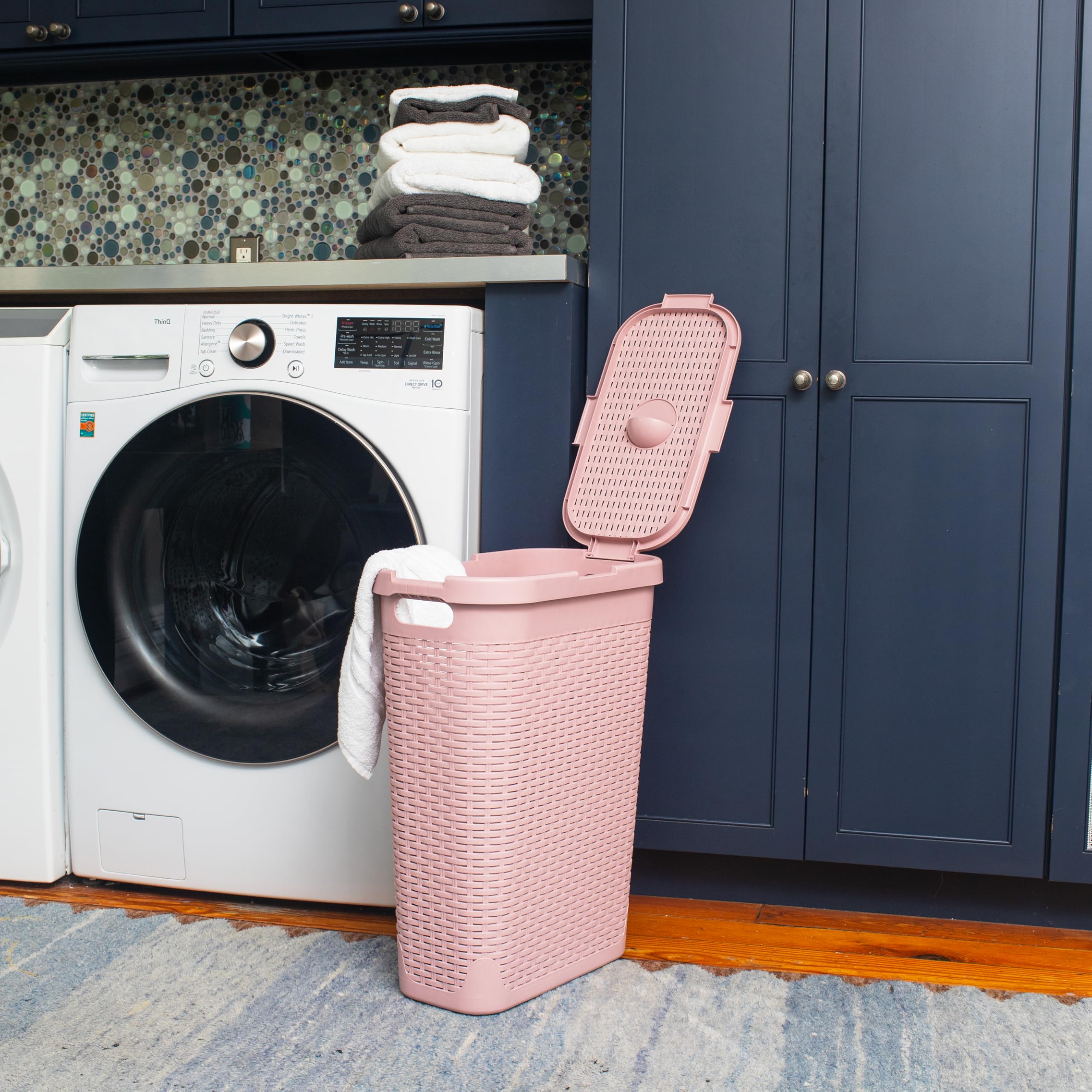 Mind Reader Slim Laundry Hamper side view showing a narrow profile for tight spaces.