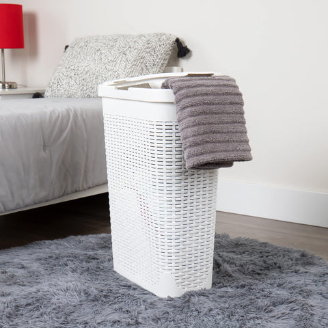 Mind Reader slim laundry hamper with lid, open-top view shows wide loading opening