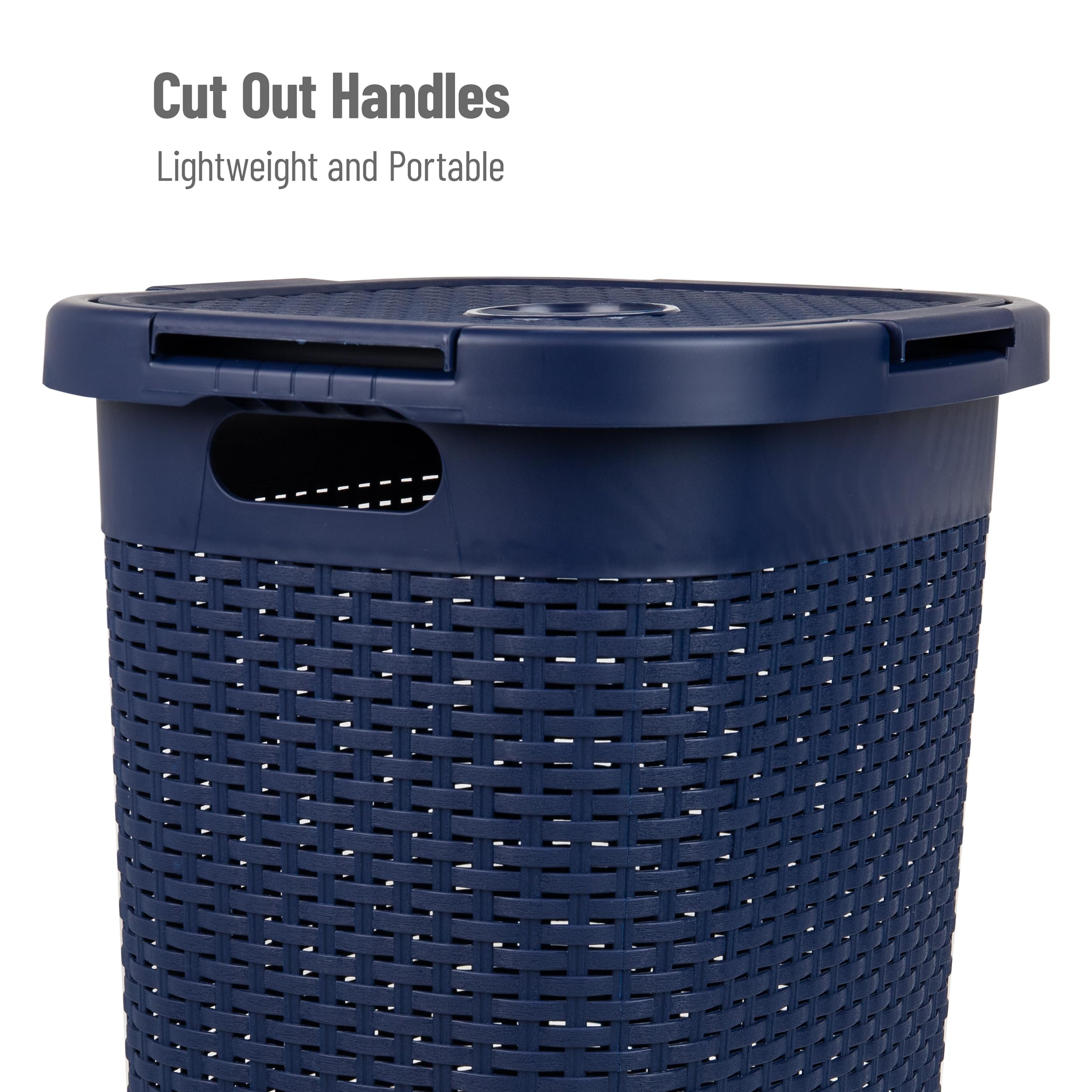 Mind Reader slim laundry hamper open wicker pattern promotes airflow around garments.