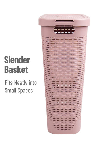 Mind Reader Slim Laundry Hamper side view emphasizing tapered base for space saving.