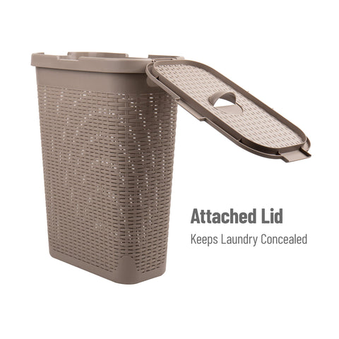 Mind Reader slim hamper showing tapered dimensions, space-saving footprint.