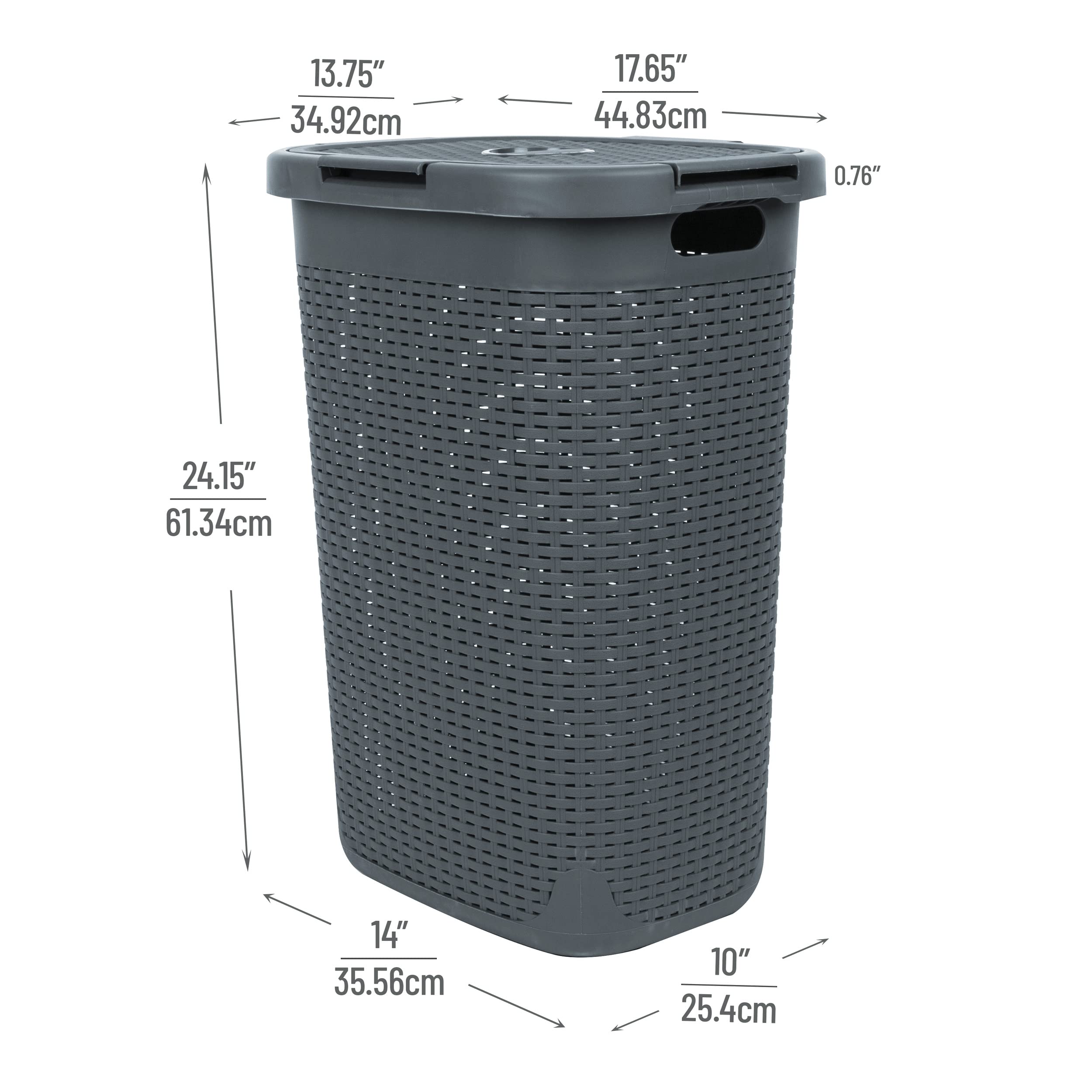 Mind Reader 60L hamper features tapered opening for easy placement in tight spots.