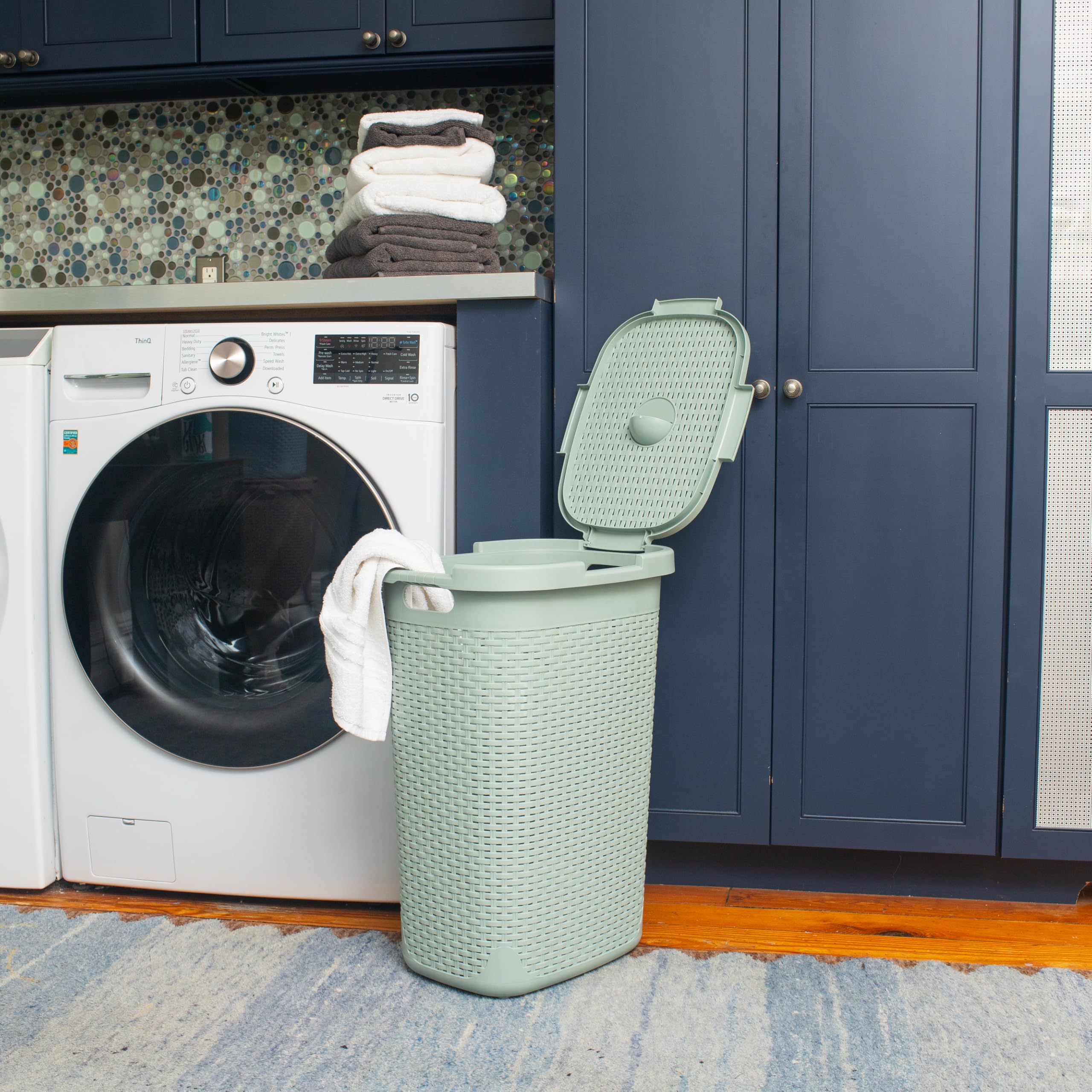 Mind Reader slim hamper with tapered top plans for narrow spaces.