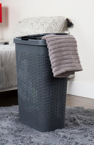 Mind Reader Slim Laundry Hamper measures 18 L x 10.4 W at the top, saving floor space.