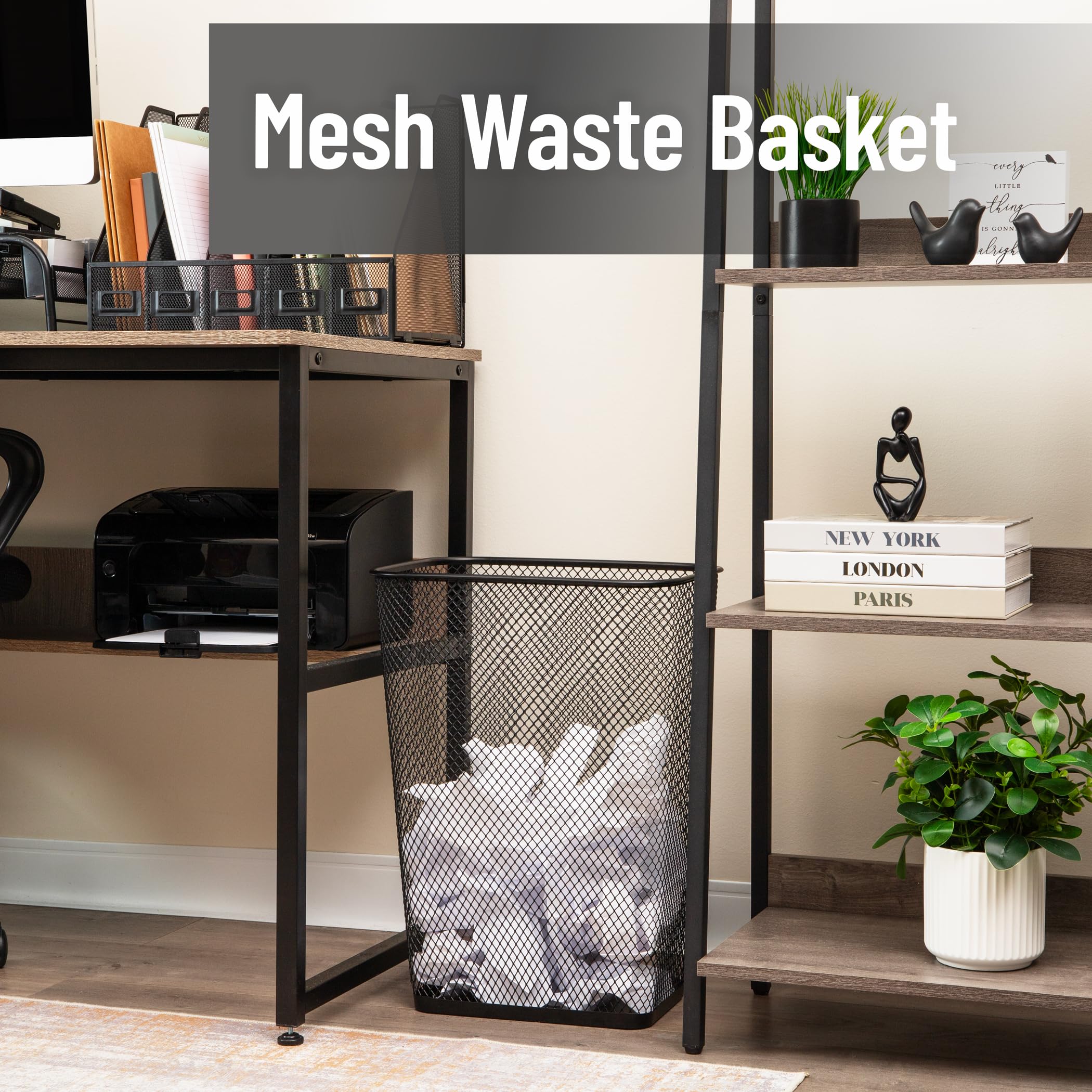 Mind Reader waste bin mesh side view highlights slim profile for compact desk space.