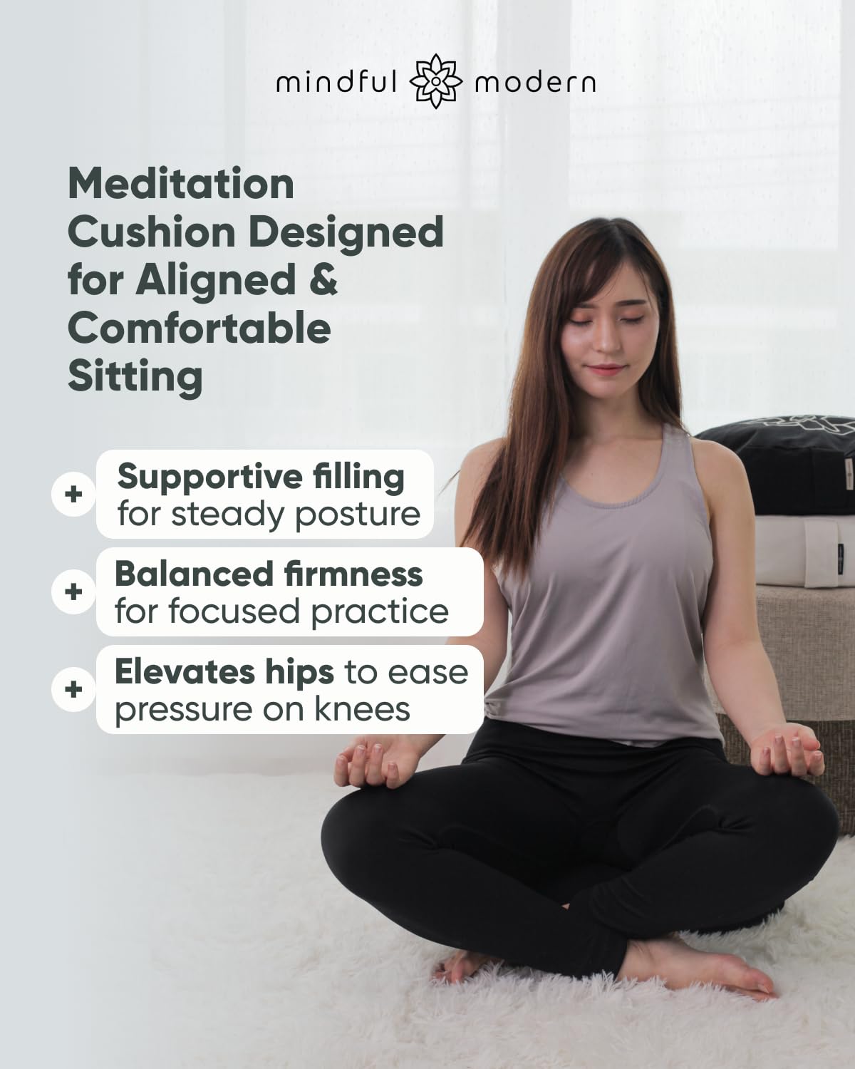 Mindful Modern floor cushion supports varied yoga poses with durable structure