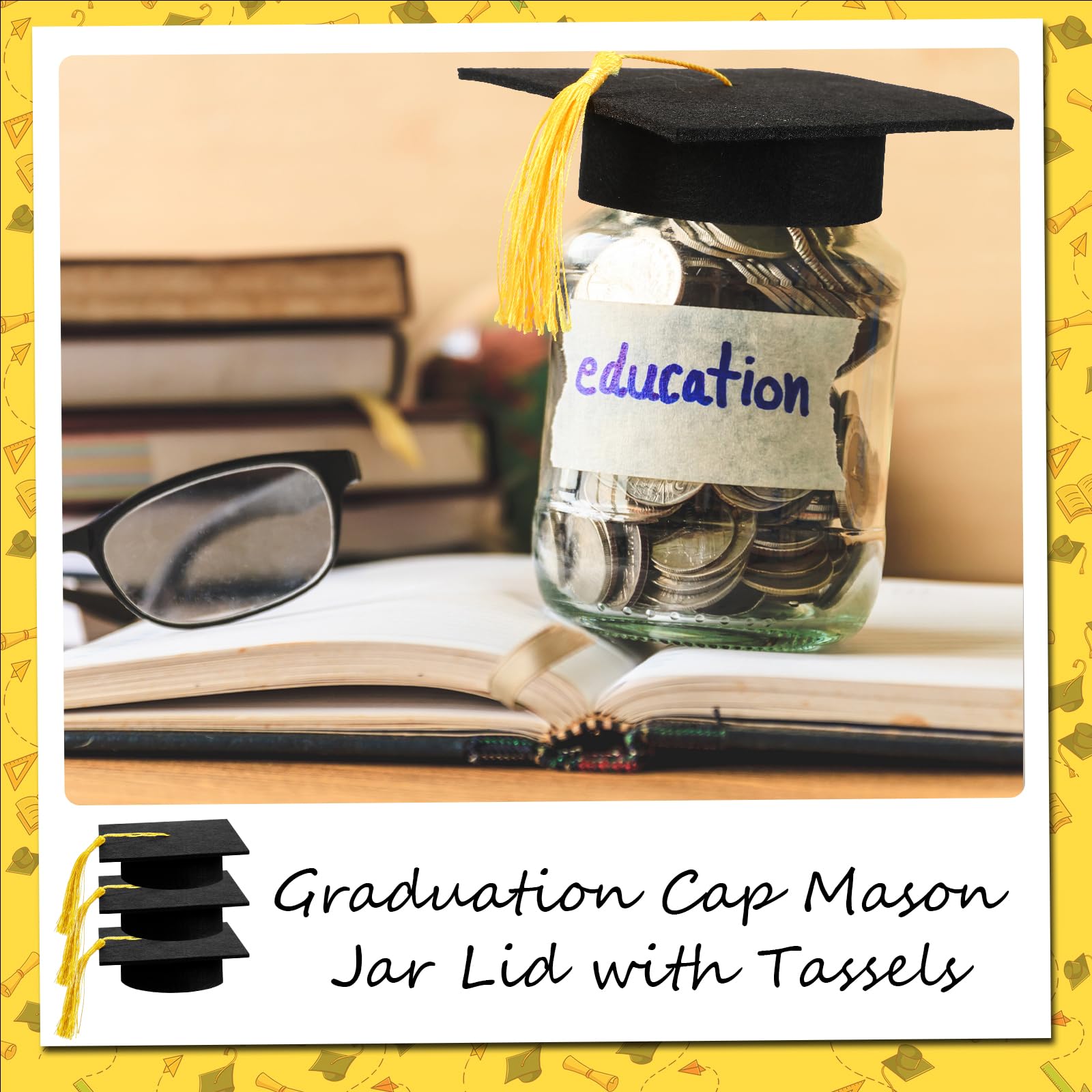 Mindsoft 2026 grad cap topper enhances party decor and beverage presentation.