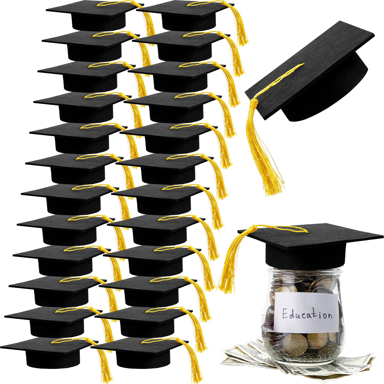 Mindsoft graduation cap lid with tassel adds a festive touch to mason jars.