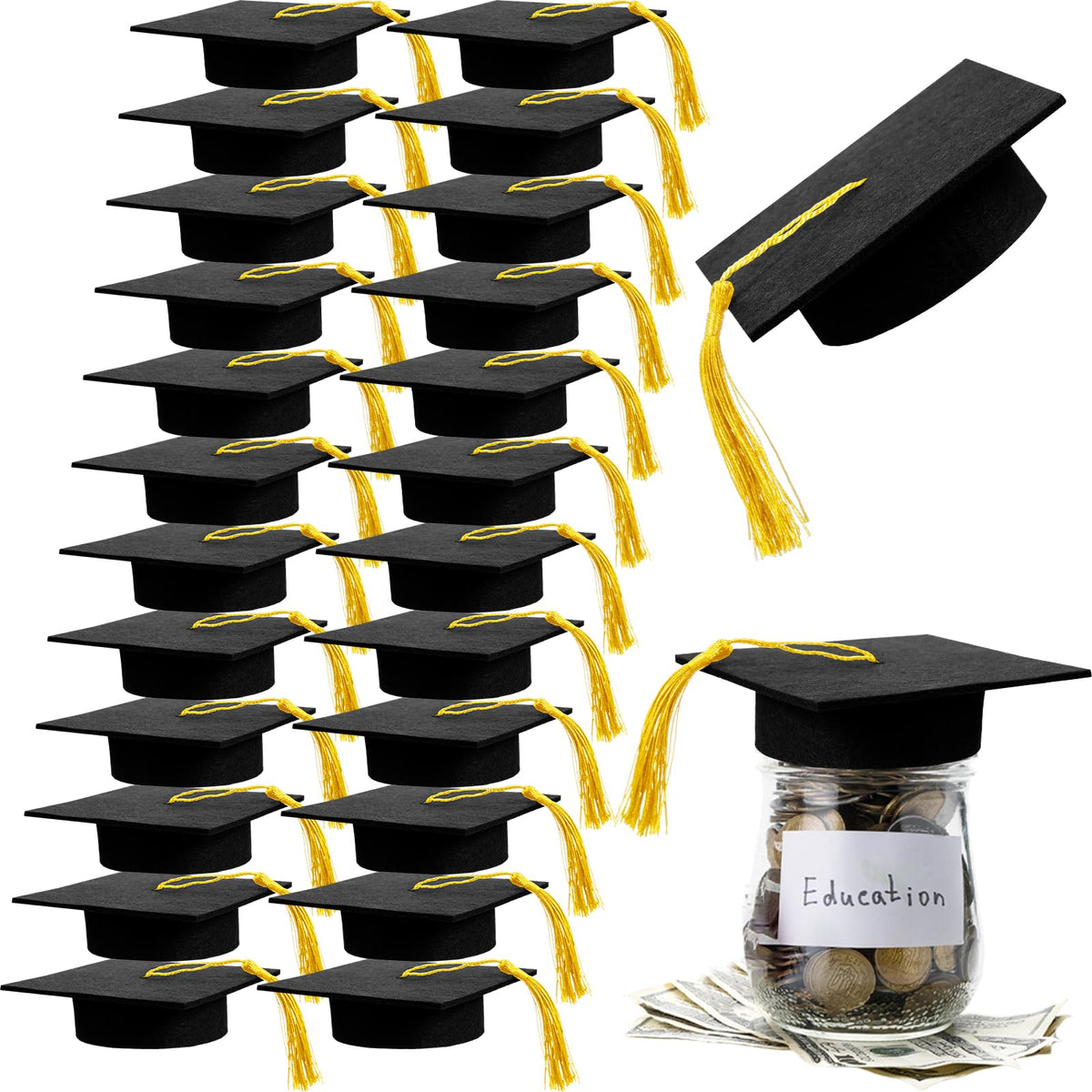 Mindsoft graduation cap lid with tassel adds a festive touch to mason jars.