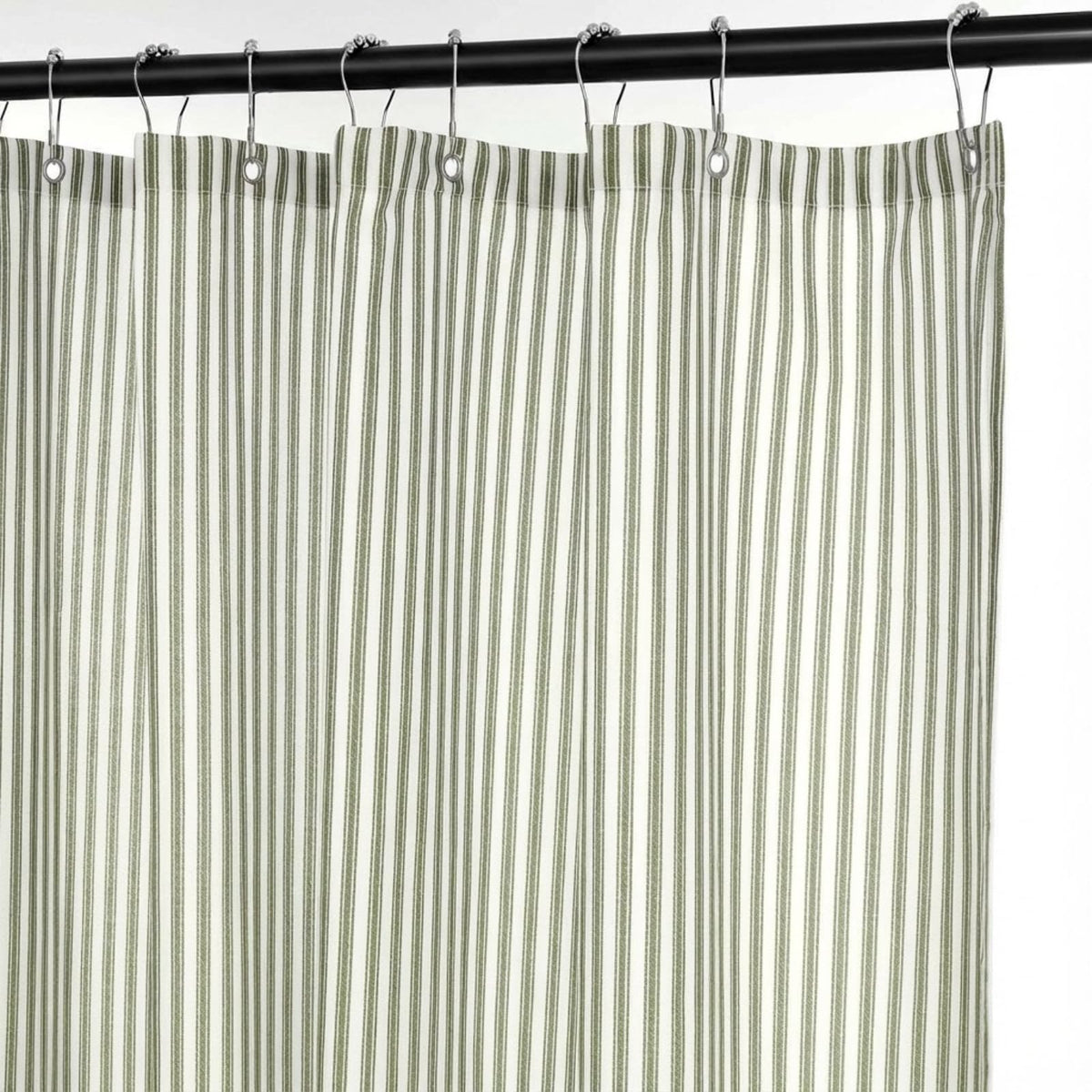 Mindsoft Stripe Cotton Toile Shower Curtain in green and white ticking stripe for classic bathroom style