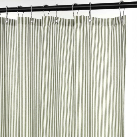 Mindsoft Stripe Cotton Toile Shower Curtain in green and white ticking stripe for classic bathroom style