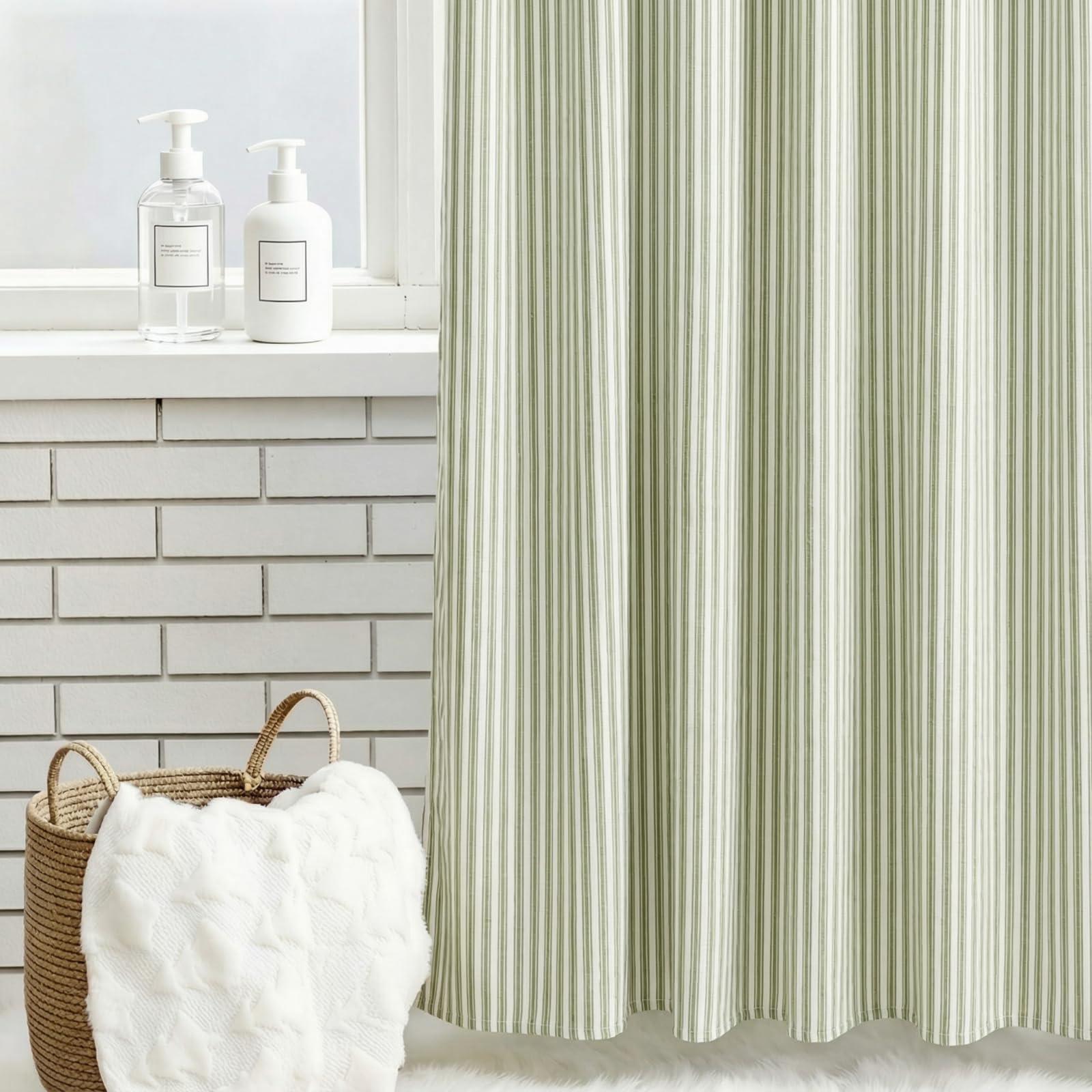 Mindsoft Stripe Cotton Toile Curtain displayed in a modern bathroom setup