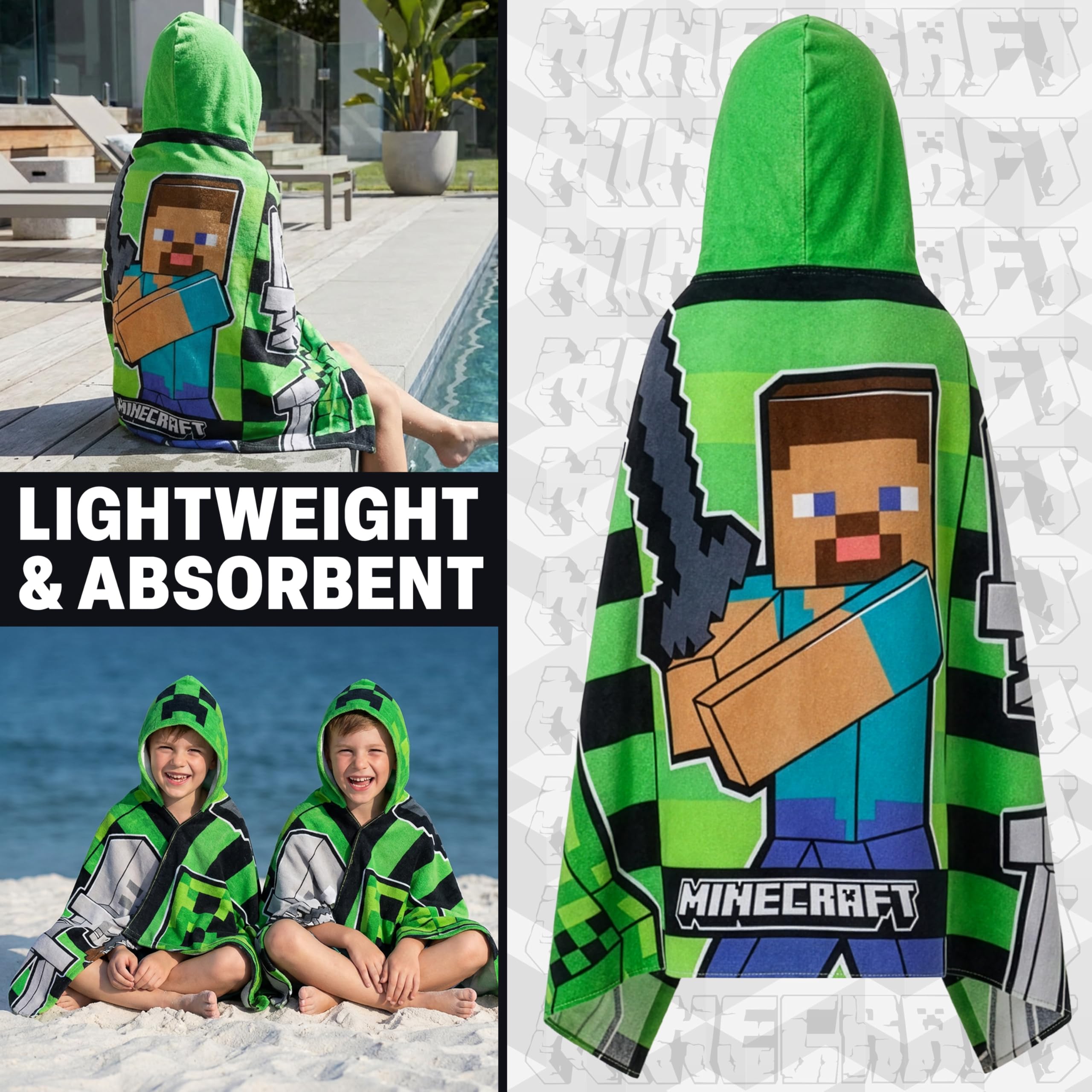 Minecraft kids hooded towel designed for pool and beach, keeps swimmers warm.