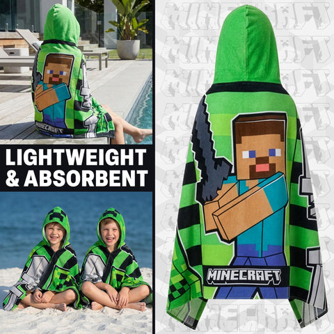 Minecraft kids hooded towel designed for pool and beach, keeps swimmers warm.
