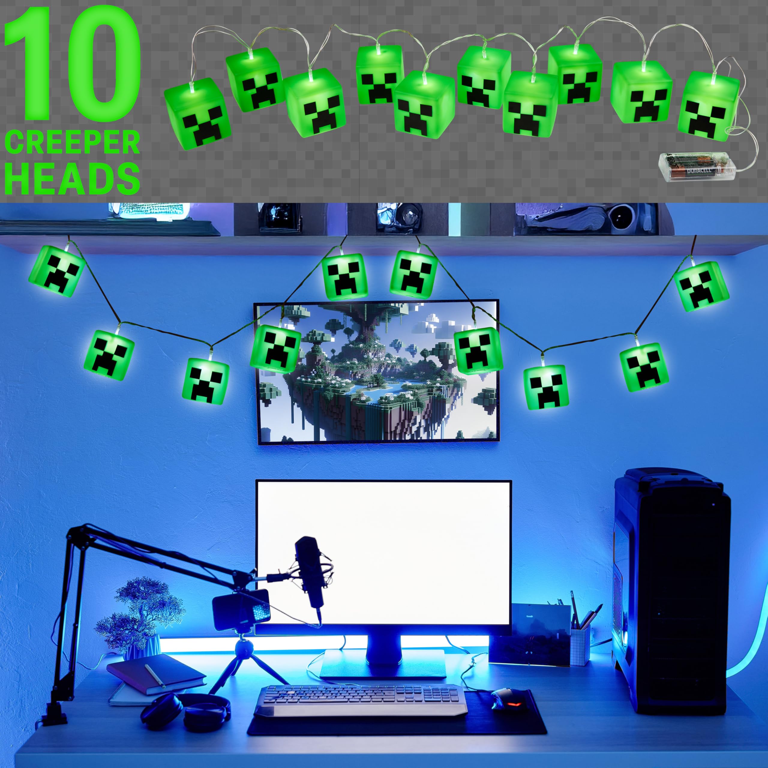 Minecraft LED fairy lights illuminate bedside with a playful Creeper theme.