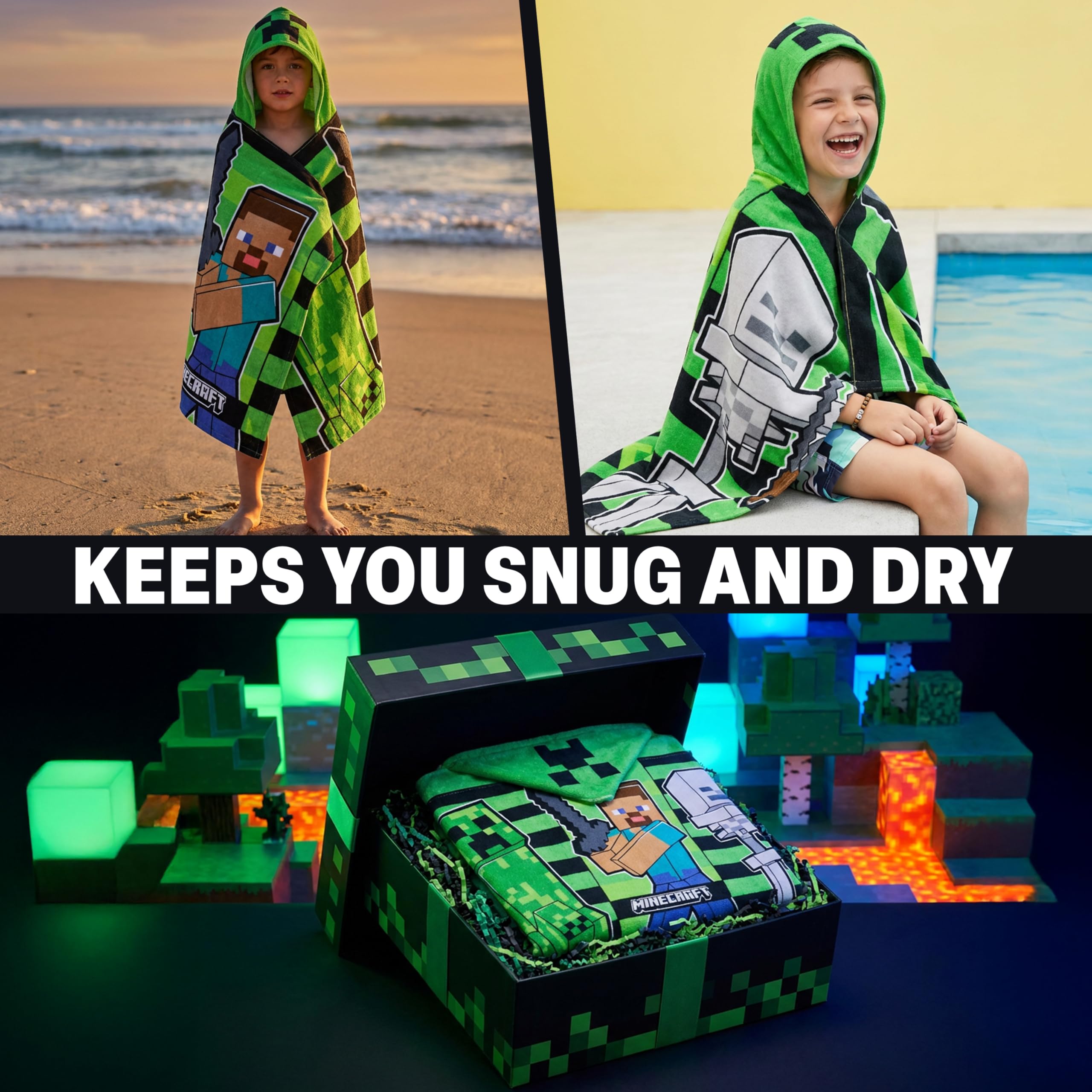 Minecraft towelling poncho provides soft, absorbent fabric for quick drying.