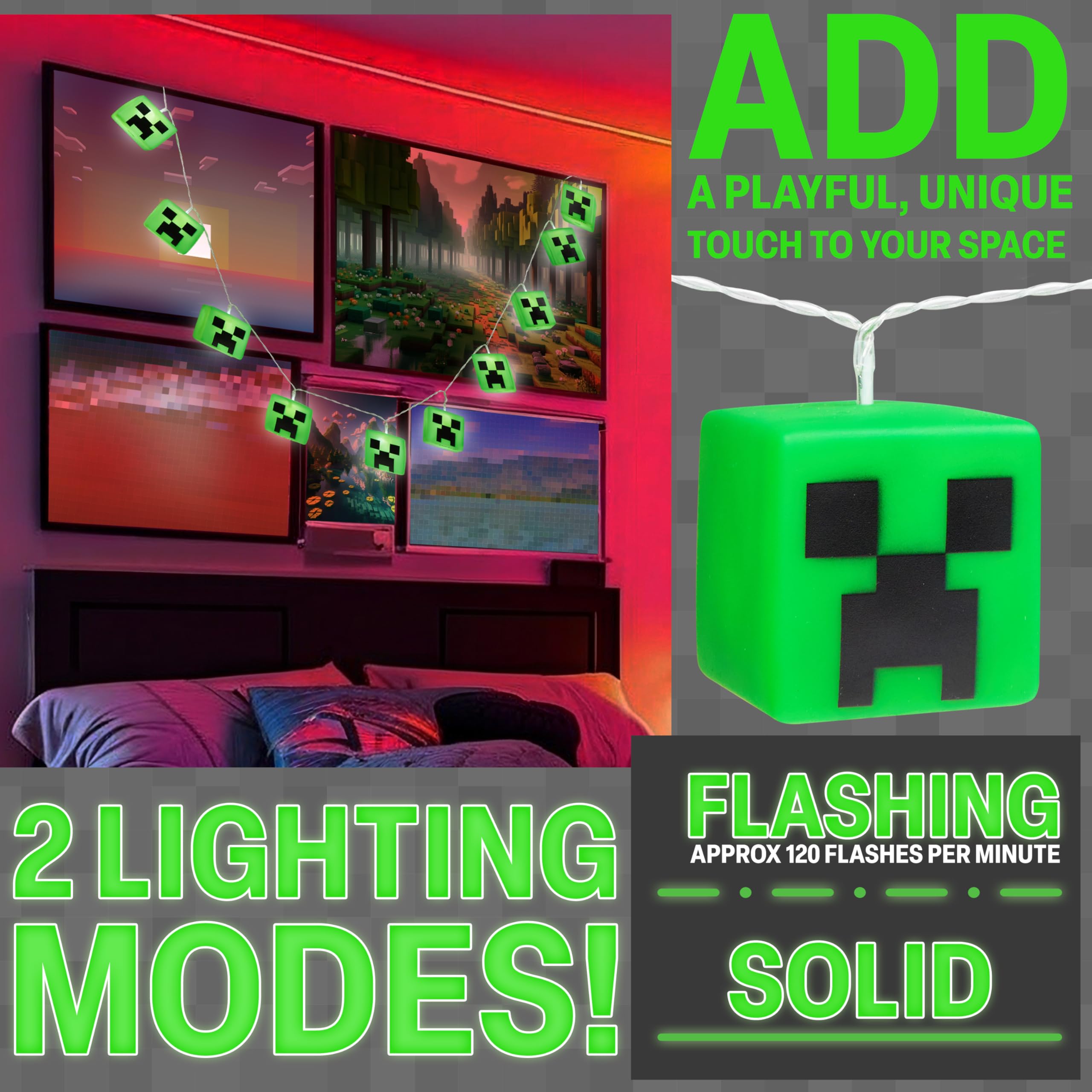 Minecraft lights offer steady or flashing modes for mood-enhancing room ambiance.