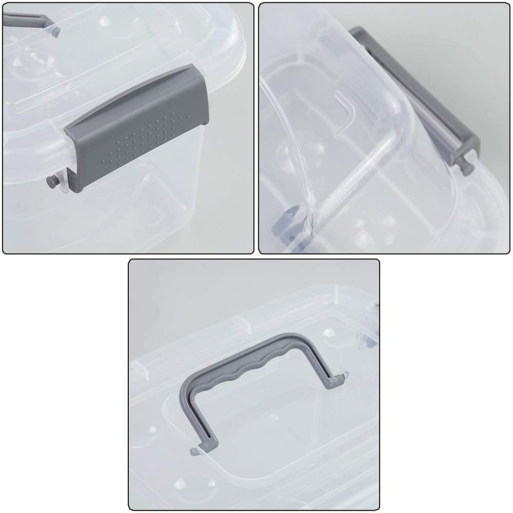 Minekkyes stackable bins with gray handle enable space-saving storage.