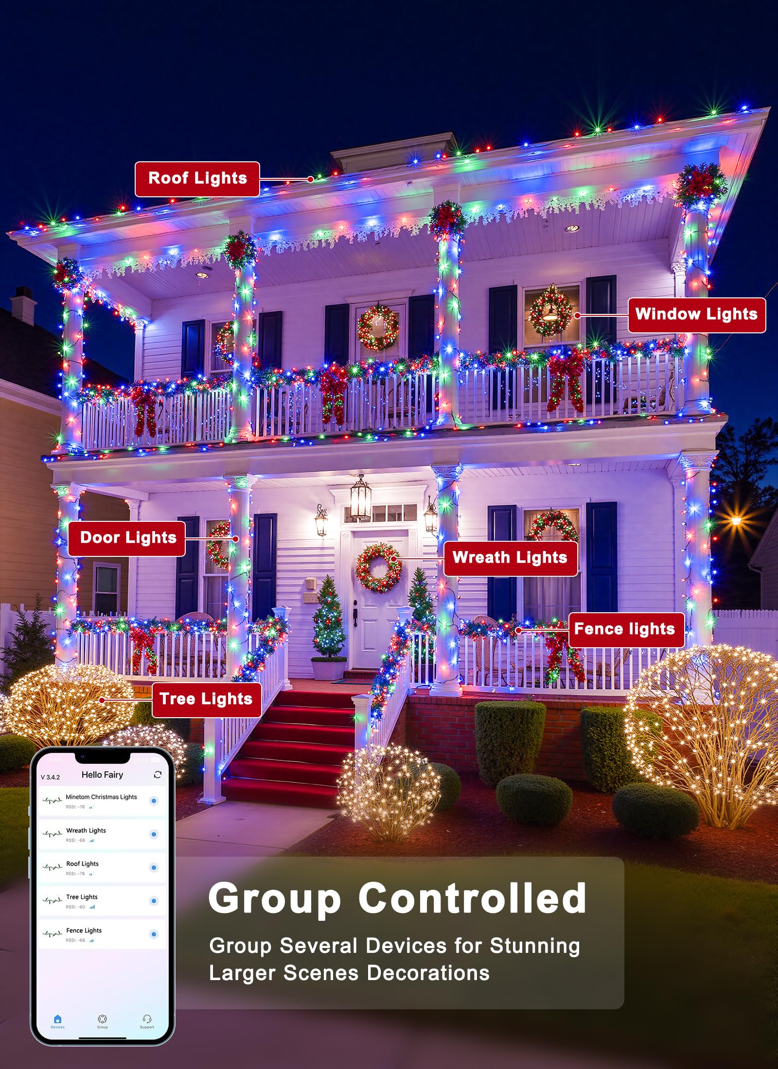 Minetom 82ft 250LED IP44 waterproof lights suitable for indoor and outdoor use.