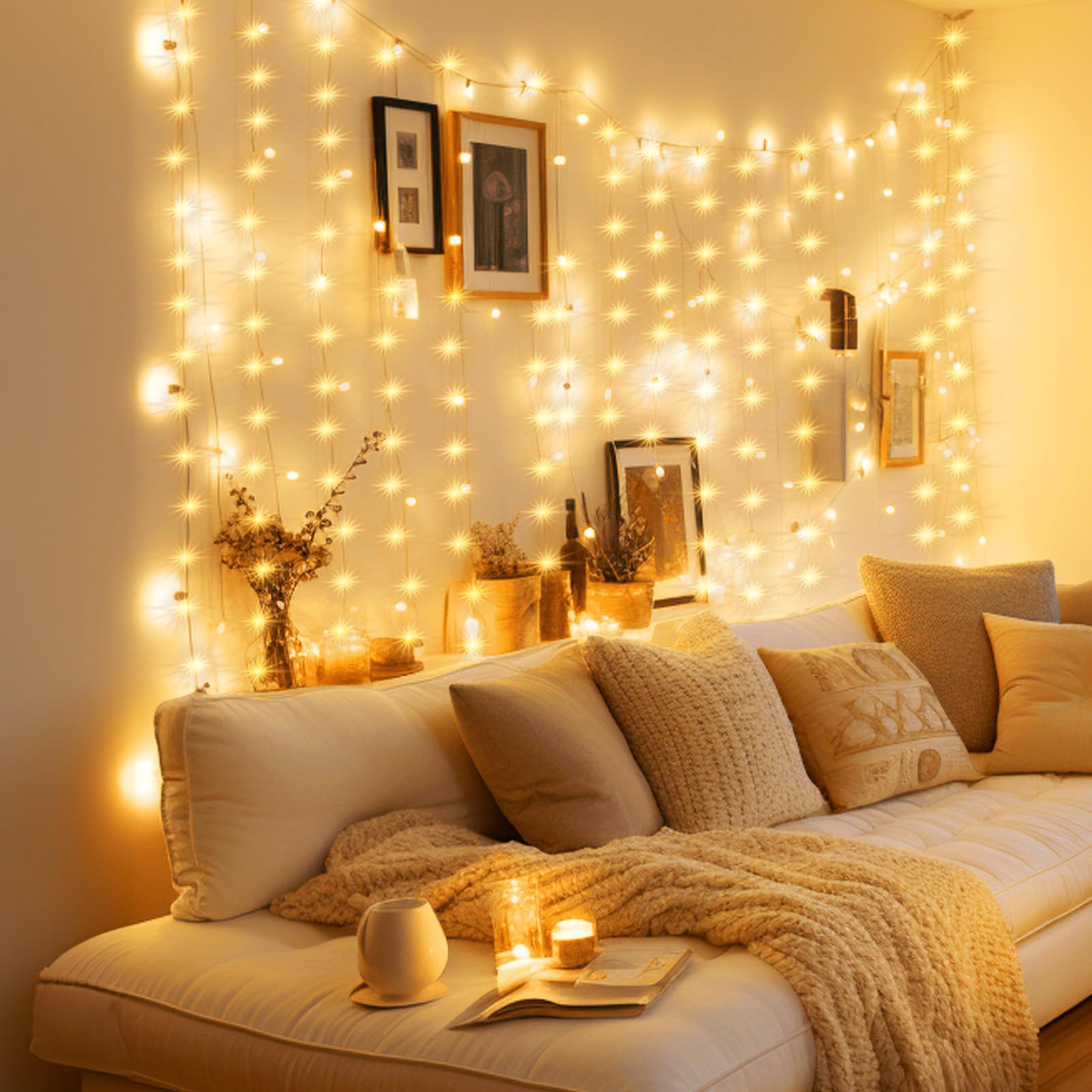 Minetom curtain lights IP44 rating withstands indoor humidity for year-round decor.