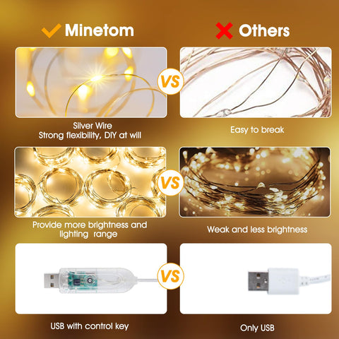 Minetom curtain lights USB-powered for use with power banks, laptops, or chargers.