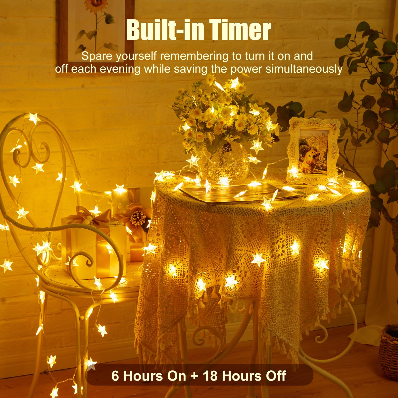Minetom string lights with built-in timer simplify nightly decoration routines.