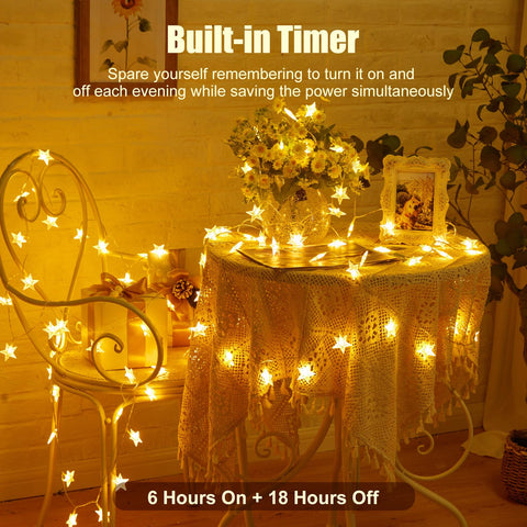 Minetom string lights with built-in timer simplify nightly decoration routines.