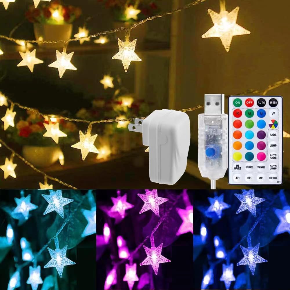 Minetom Star String Lights in a bedroom setup providing warm color changing ambience