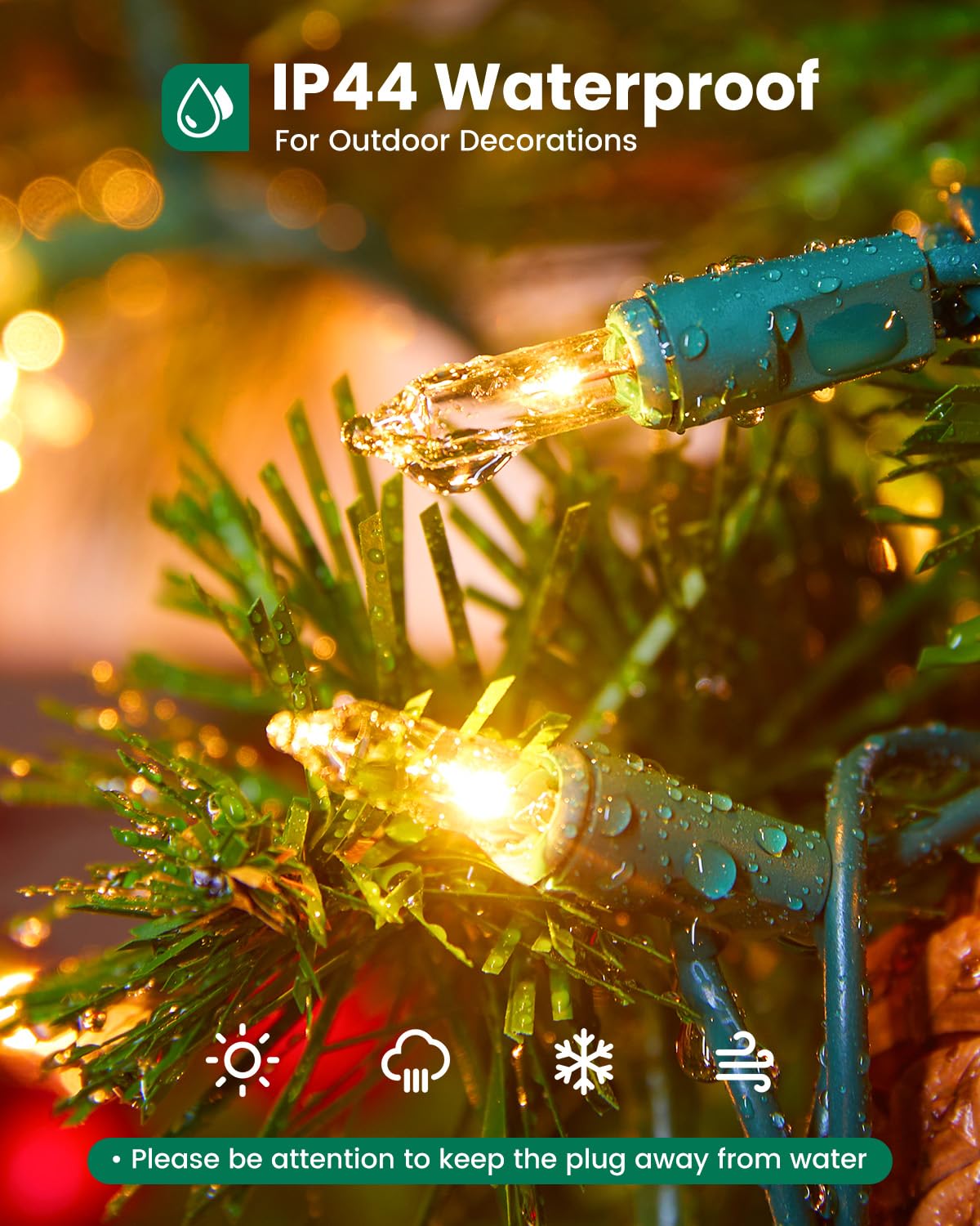 Minetom waterproof string lights for indoor-outdoor use add safe, sparkling ambiance.