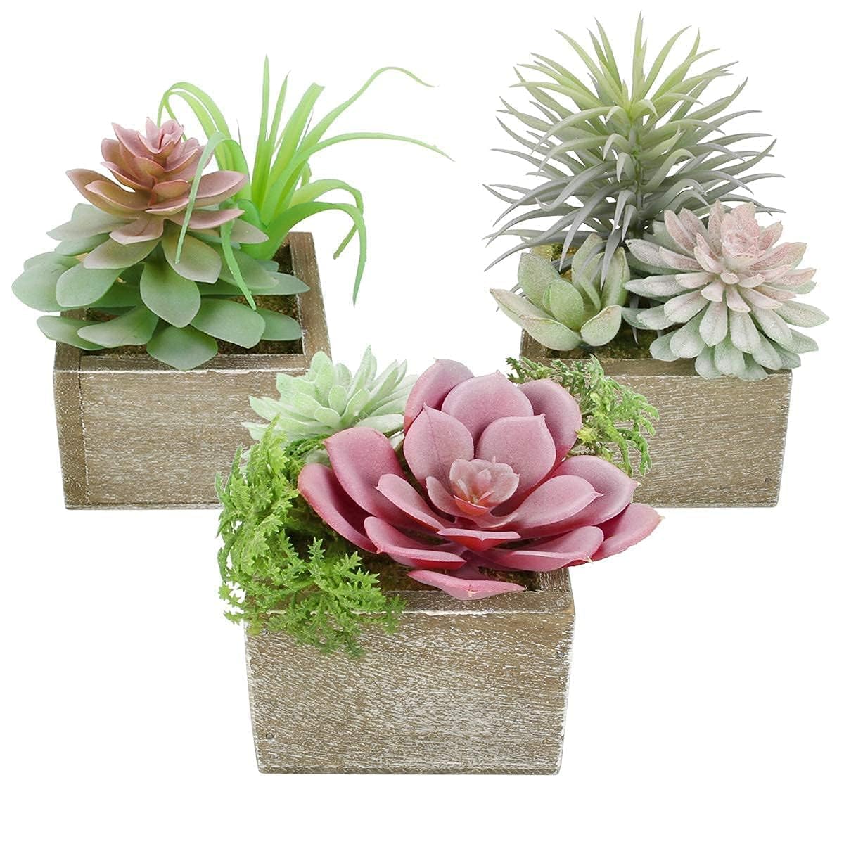 Mingfuxin artificial succulents trio in wood pots lifelike centerpiece.