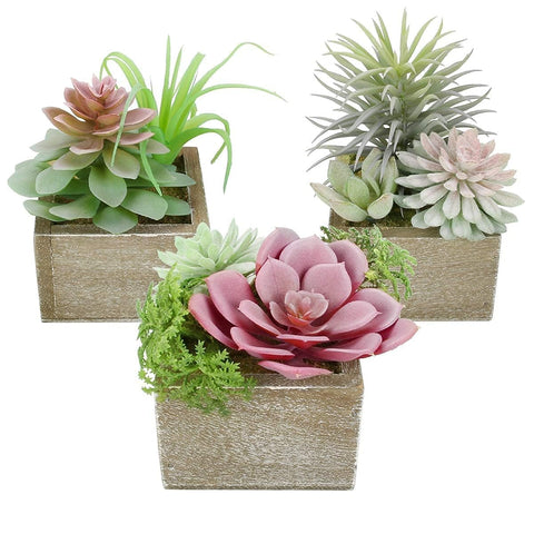 Mingfuxin artificial succulents trio in wood pots lifelike centerpiece.
