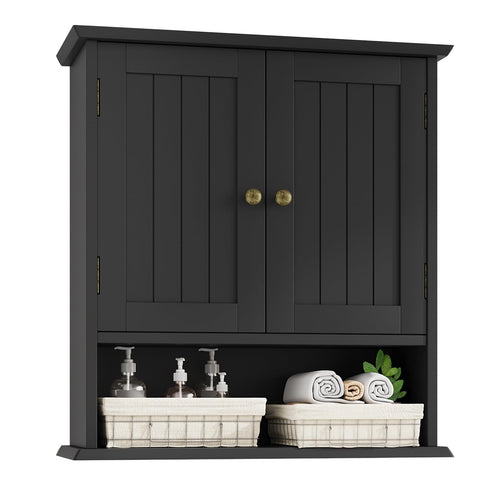 Mino Kesper bathroom wall cabinet with two doors and open shelf for organized storage.