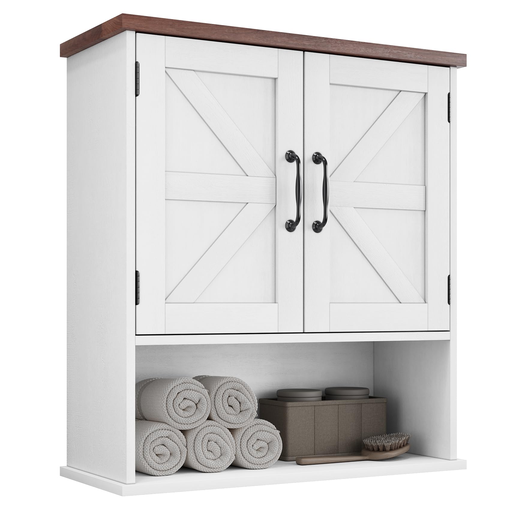 Mino Kesper barn doors cabinet adds compact bathroom storage for towels and toiletries.