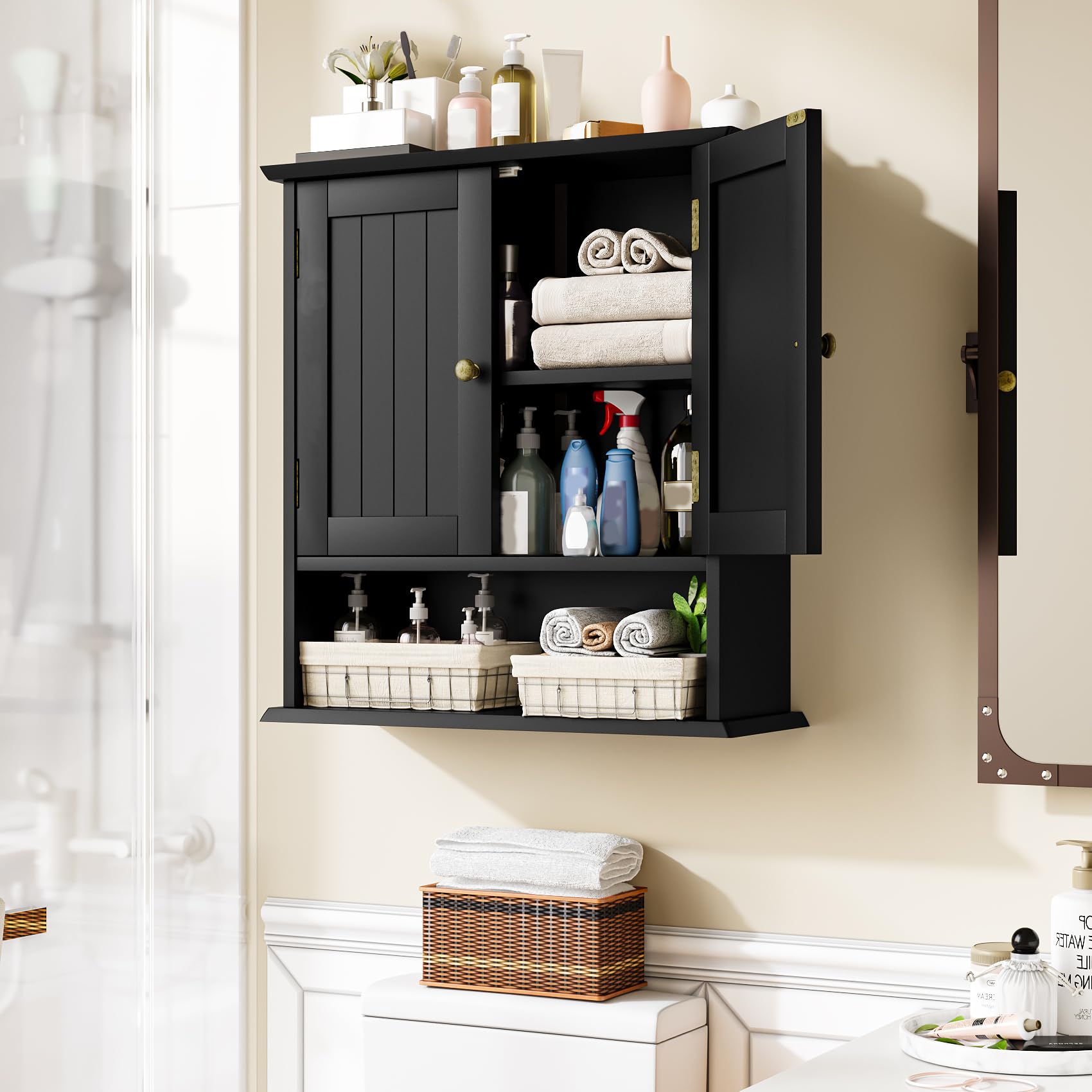 Mino Kesper adjustable interior shelf supports tall bottles and cosmetics.
