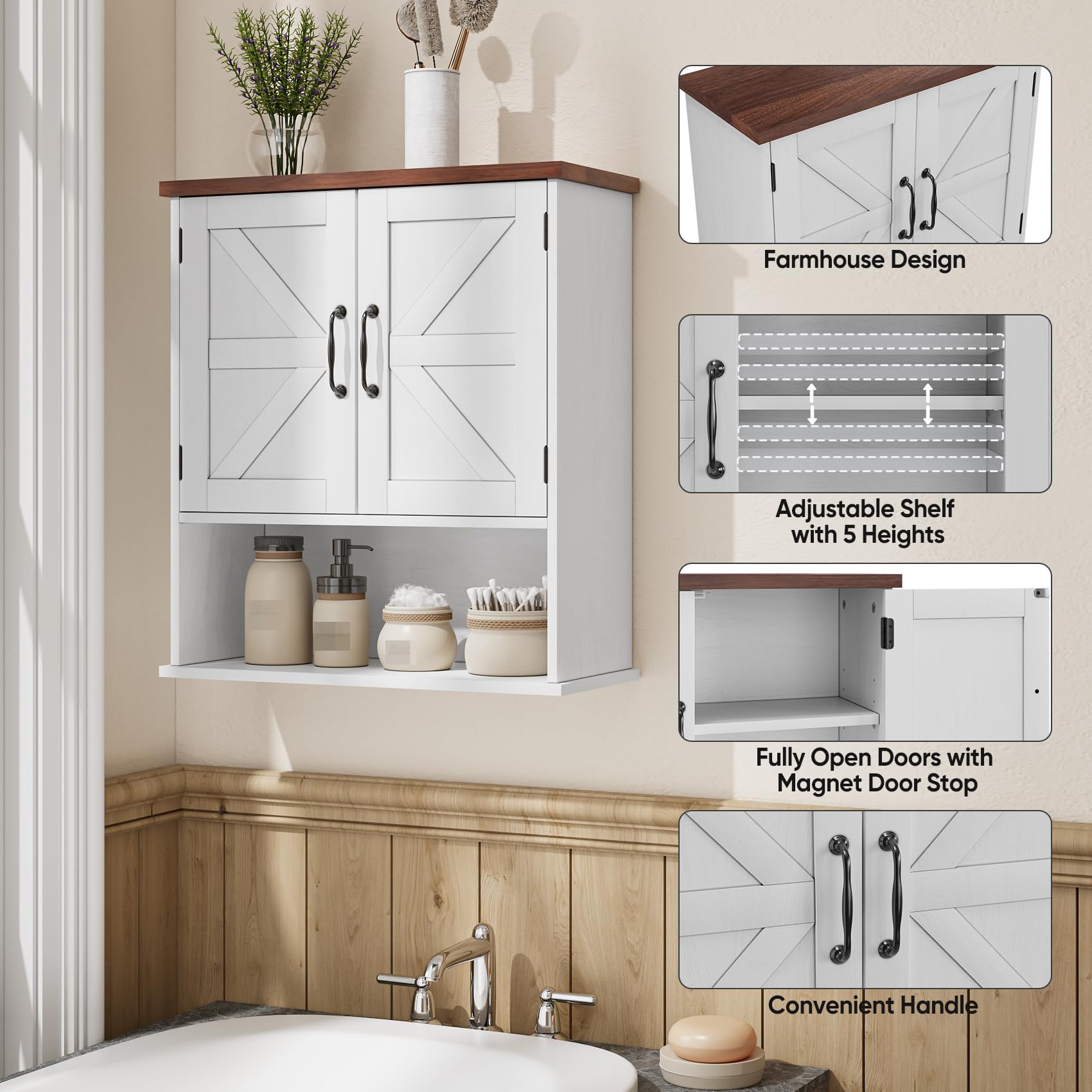 Mino Kesper open shelf area holds plants, towels, and candles neatly.