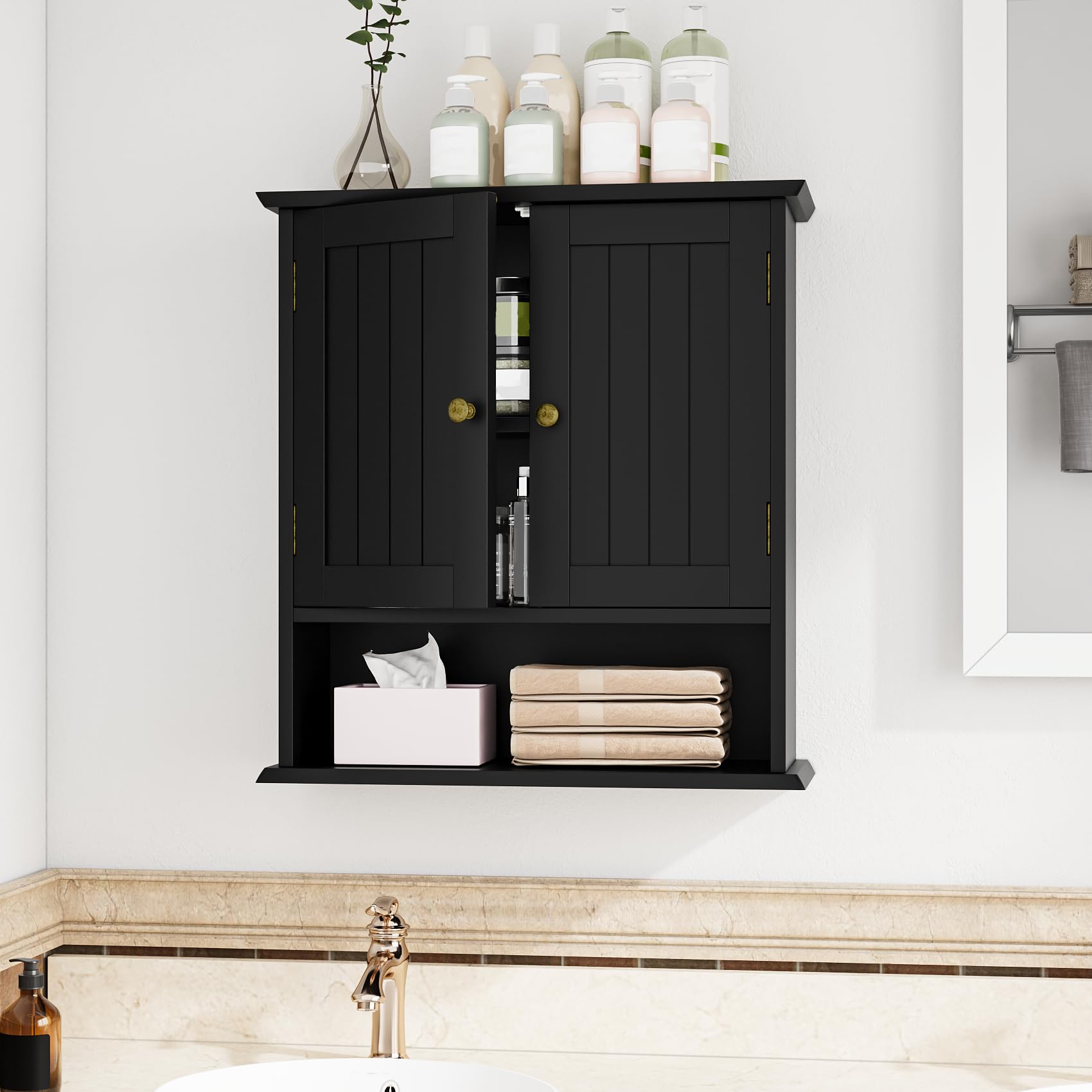 Mino Kesper over-toilet cabinet in classic black finish enhances bathroom decor.