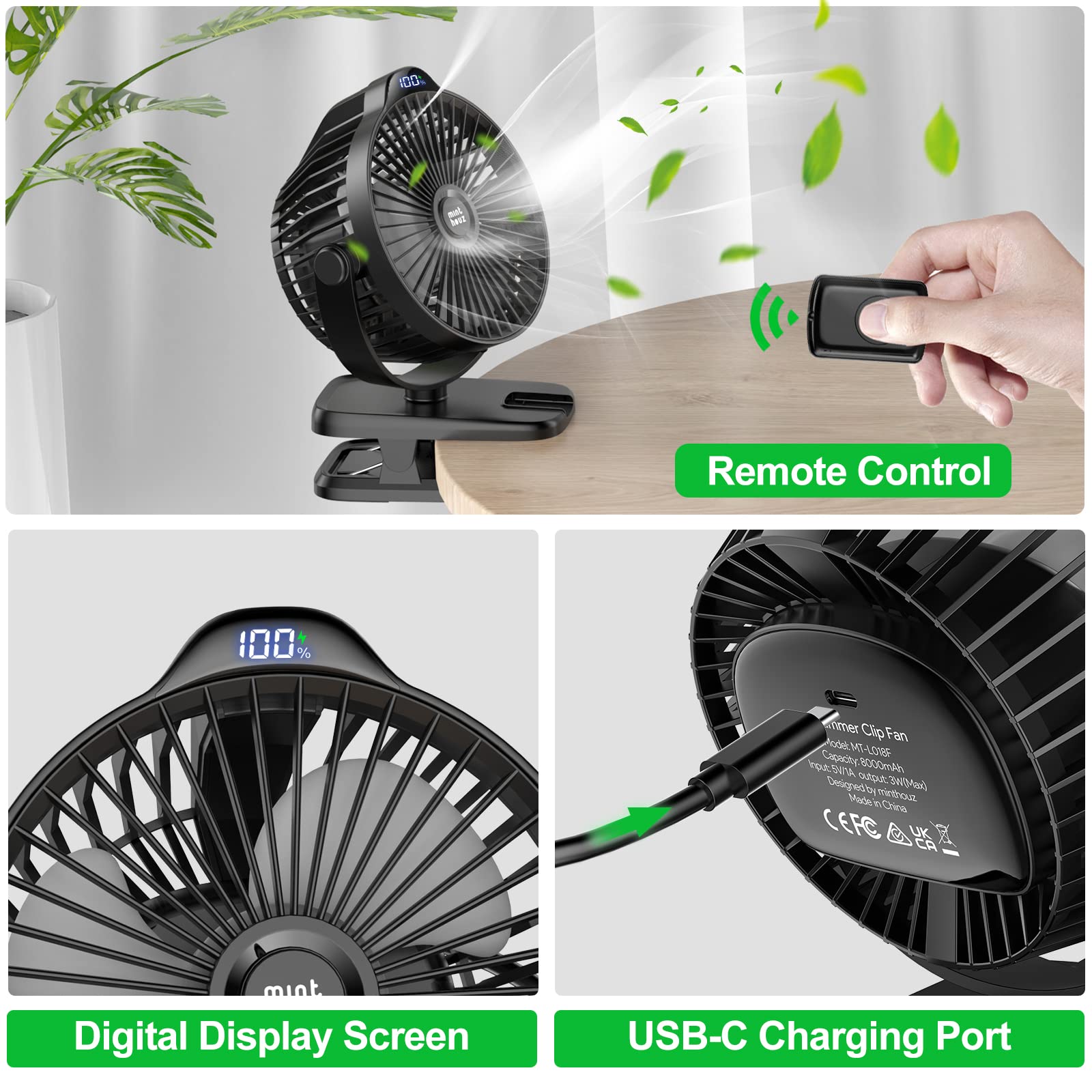 Minthouz Clip-on Fan 360-degree rotation for versatile airflow
