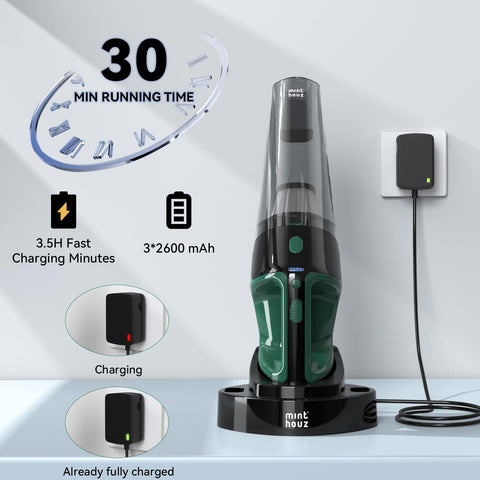 Minthouz handheld vacuum runs up to 30 minutes on a full charge.