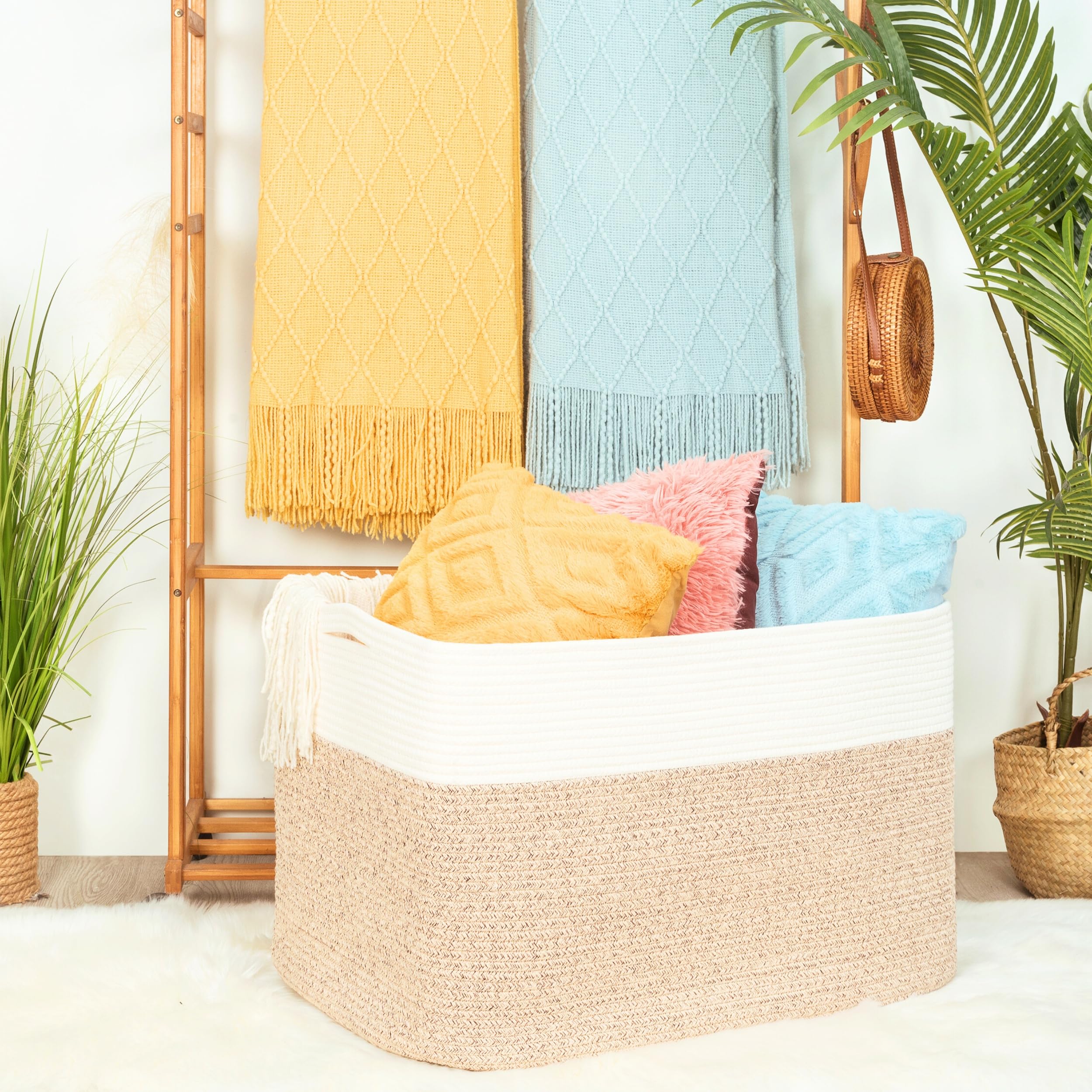 Mintwood Design 112L blanket basket side view highlighting size.