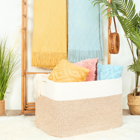 Mintwood Design 112L blanket basket side view highlighting size.