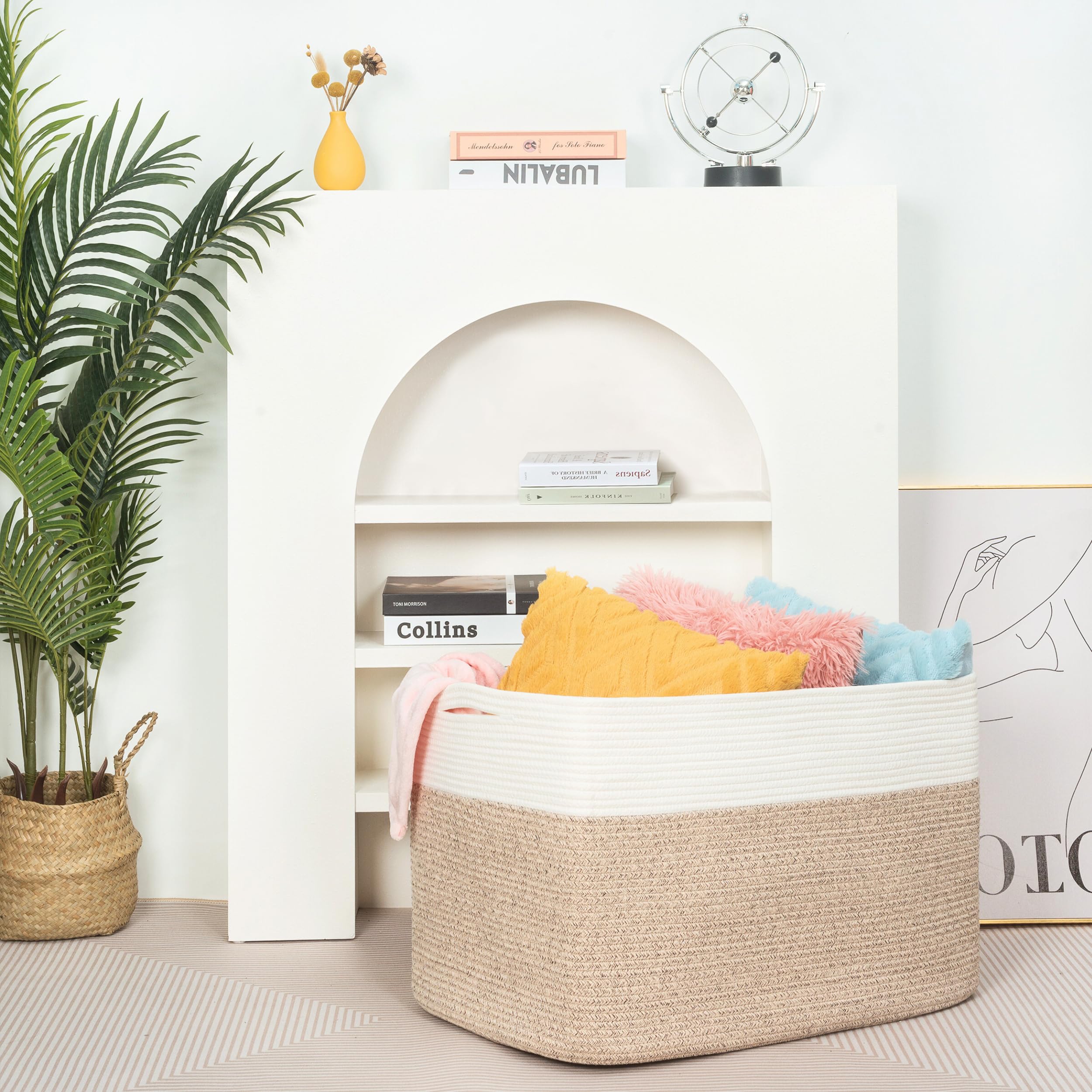 Mintwood Design towels and shoes stored neatly in a basket.