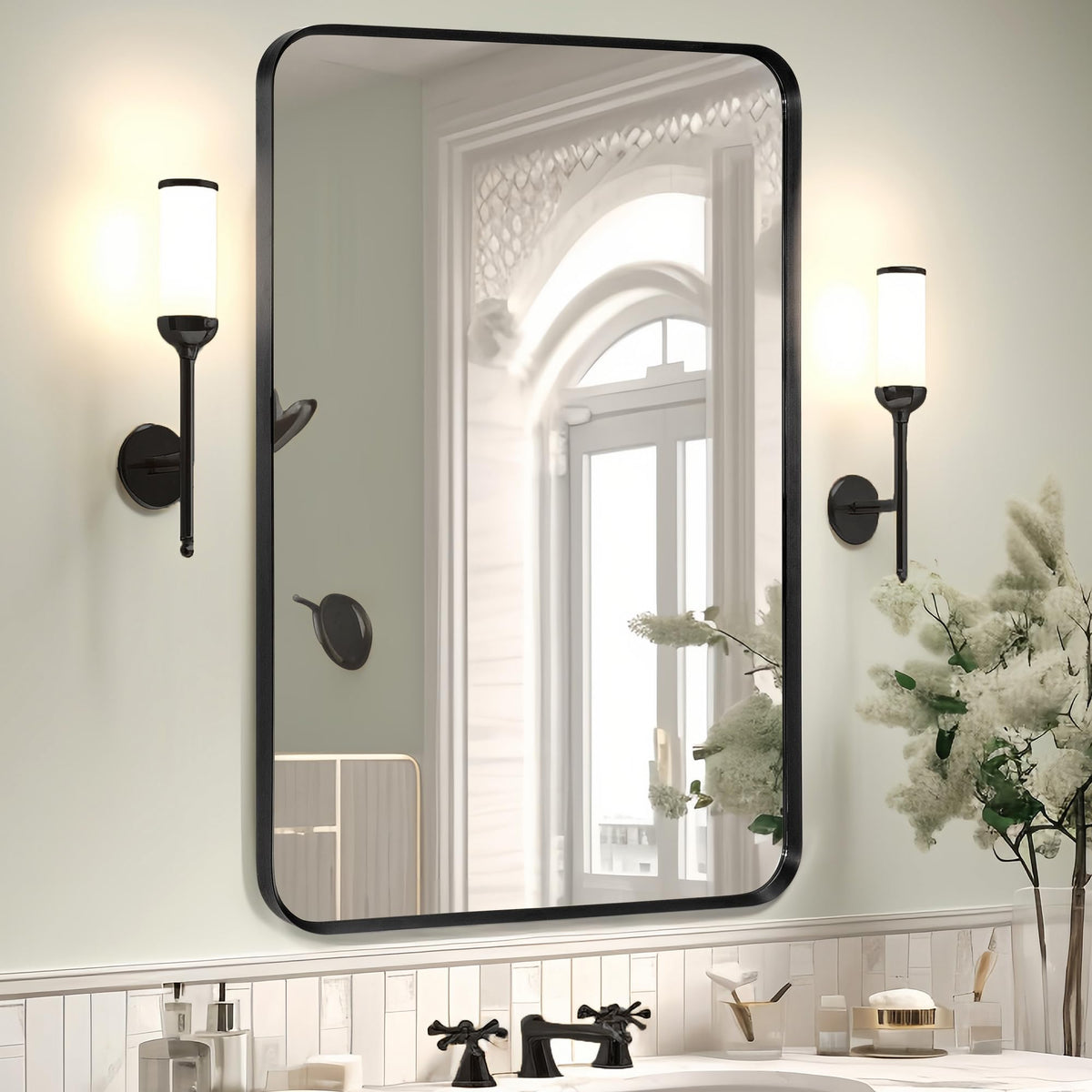 Minuover brushed black wall mount mirror with angled edge for a premium bathroom look
