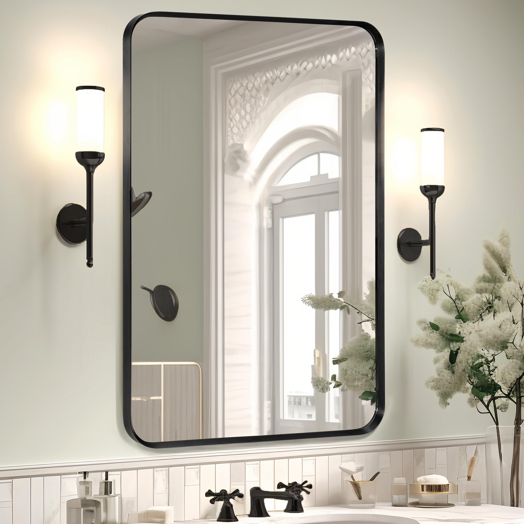 Minuover wall mount mirror front view showcases a sleek brushed black frame for a contemporary bathroom vanity