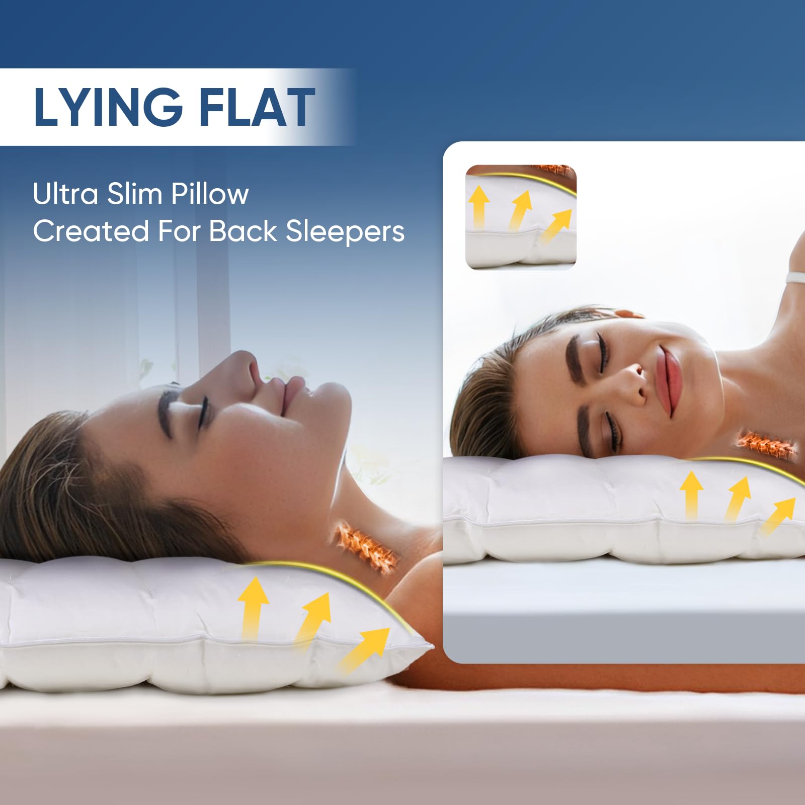 MINUPWELL Ultra Flat Pillow with 2.5-inch profile for spine-friendly comfort.