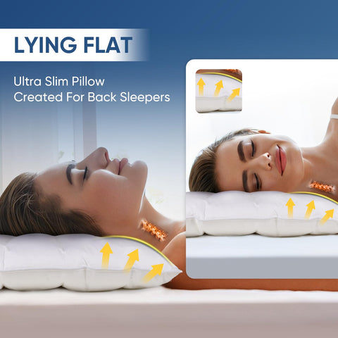 MINUPWELL Ultra Flat Pillow with 2.5-inch profile for spine-friendly comfort.