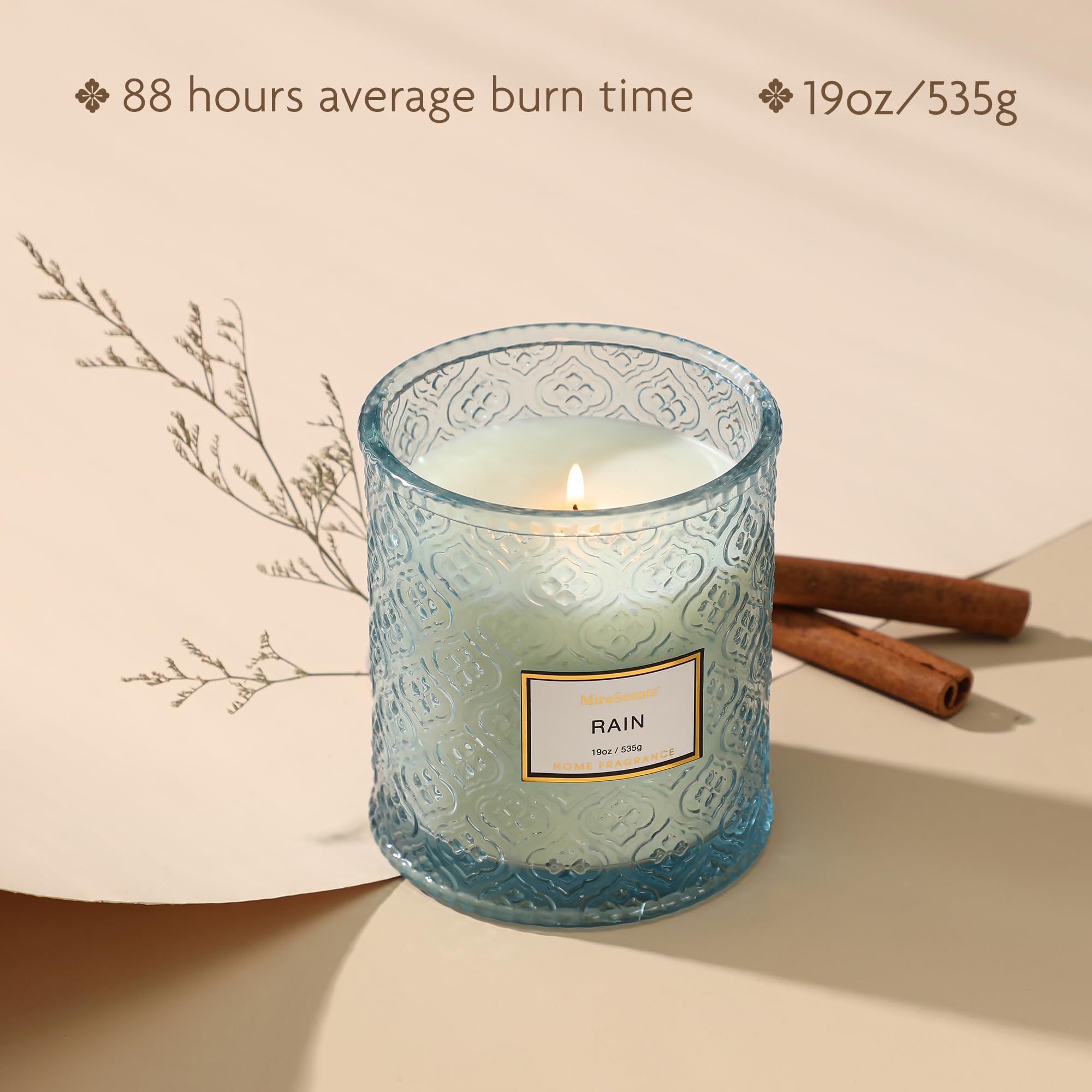 MIRASCENTS candle lit in living room for rainfall-inspired ambiance