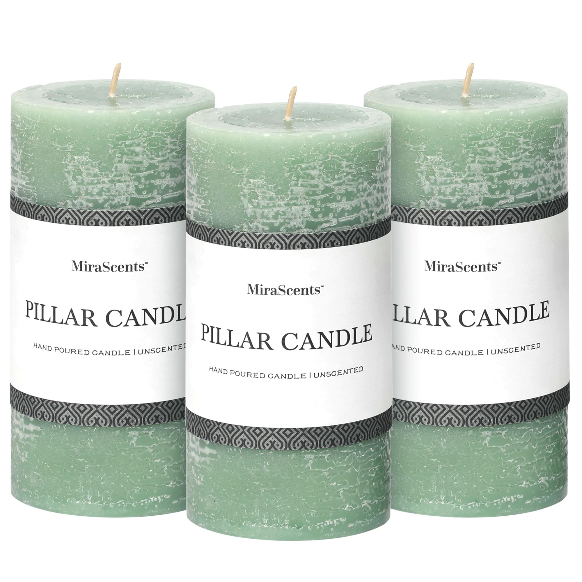 MIRASCENTS Sage Green Pillar Candles set of 3 glow with smokeless, clean ambiance.